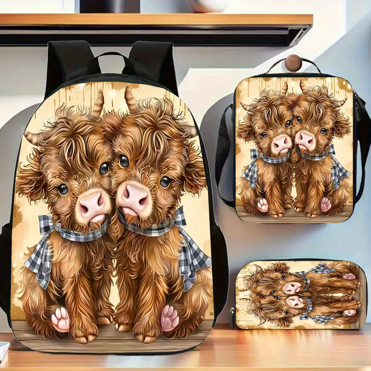 Unisex 3-Piece Cartoon Highland Cow Pattern Backpack Set - 17-Inch Large-Capacity Casual Laptop Bag with Water Bottle Pocket, Lightweight Durable, Includes Lunch Bag & Pencil Case, Autumn Gift for Commuting, Picnics, Cow Pattern Backpacks