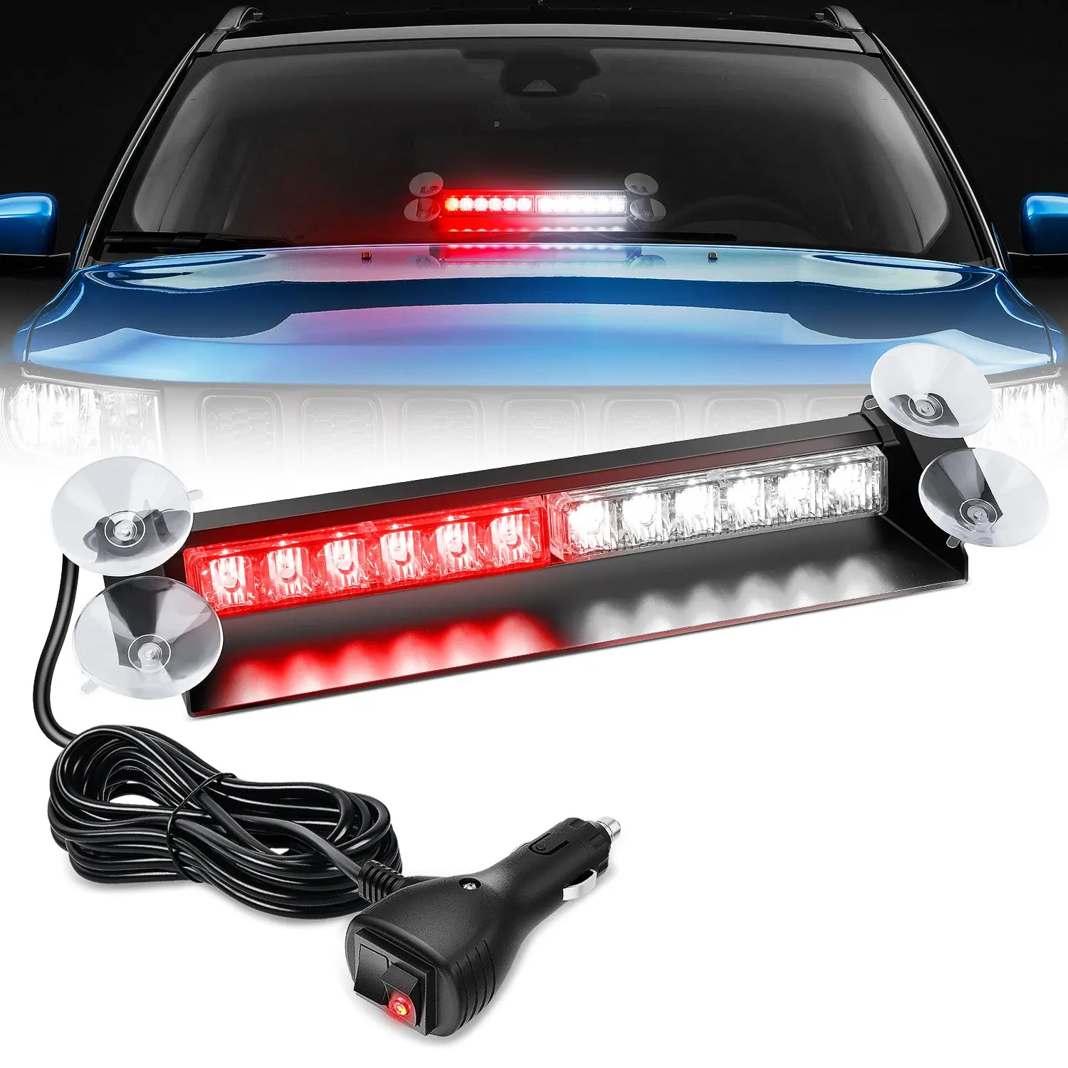 Nilight 12-LED High Intensity Traffic Advisor Strobe Light Bar, Aluminum Suction Mount Red White Safety Dash/Front-Rear Windshield Flashing Lights for Law Enforcement Cars, Plow Vehicles