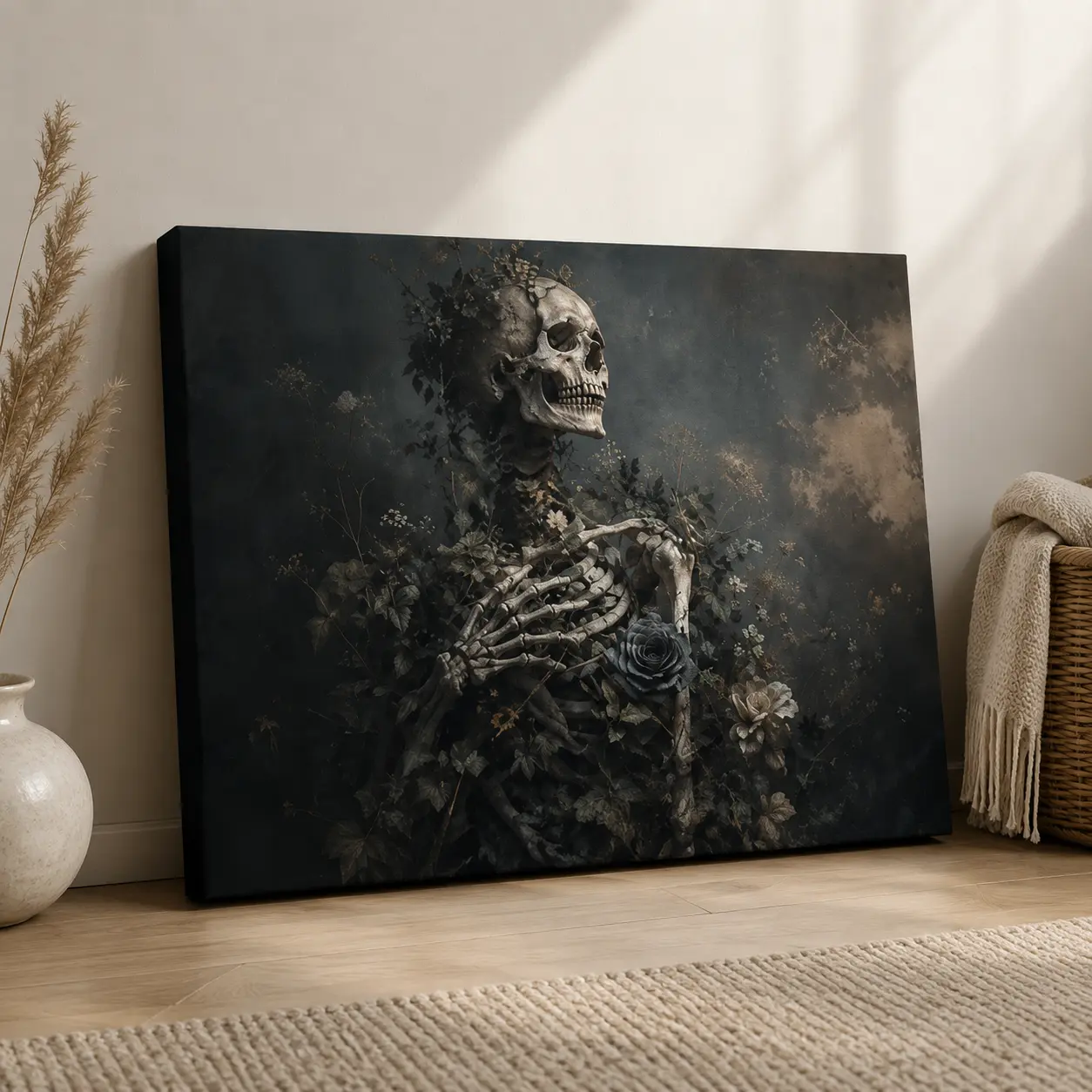 Dark Floral Skeleton Canvas Wall Art, Gothic Botanical Poster, Moody Mystery Wall Decor for Living Room, Bedroom, Office, Game Room, Studio, Unframed Canvas Poster or Framed Canvas Wrap