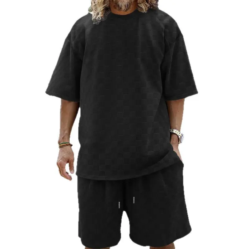 Men's 2 Piece Set, Casual Plaid Knitted Jacquard Short Sleeve Polo Shirt and Shorts Summer Outfit with Stretch, Knitting, Basics, Elastane, All Seasons, Jacquard Small Checkered, Machine Washable, Normal Type, Polyester, Shirt & Shorts