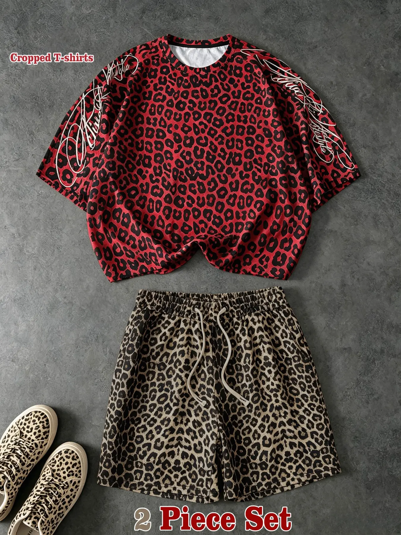 Men's Two-Piece Set, Leopard Print Short Sleeve T-Shirt + Leopard Drawstring Shorts, Y2K Hip Hop Streetwear