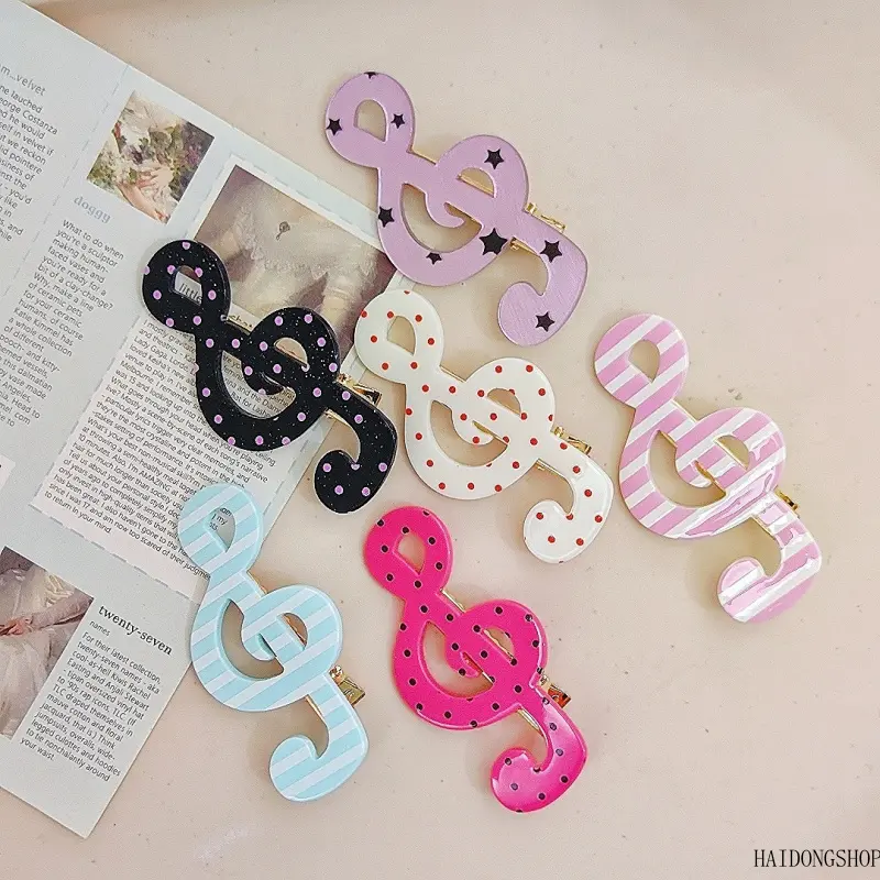 Coquette Kawaii Viral Y2K Polka Dot Music Note Alligator Hair Clips For Girls, Sweet Striped Bang Side Barrettes, Soft Girly Accessory For School Party Daily Hairstyle Styling