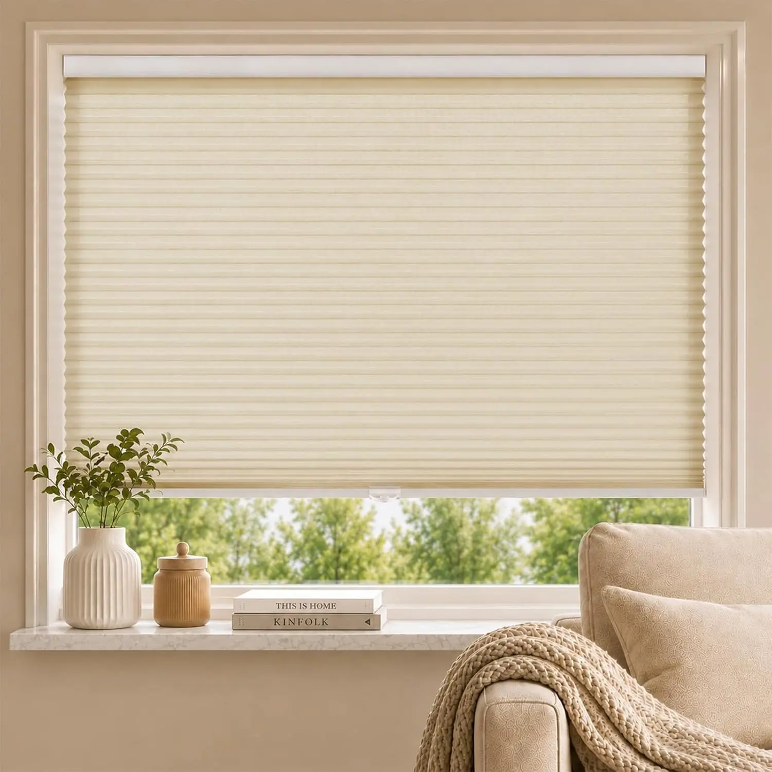 Cordless Light Filtering Cellular Honeycomb Window Blinds, Daytime Privacy Easy Lift Shades for Indoor Windows Bedroom Living Room Home Office, Beige, 44" W x 72" H