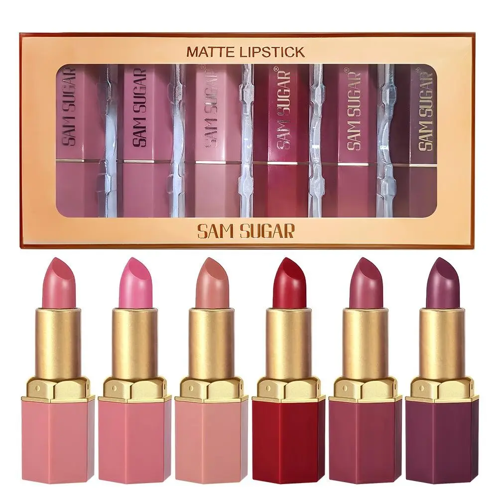 Sam Sugar 6-Piece Matte Lipstick Set, Shimmering Fine Glitter, Easy Application, Velvet Moisturizing, Hexagonal Design, Perfect Makeup Kit