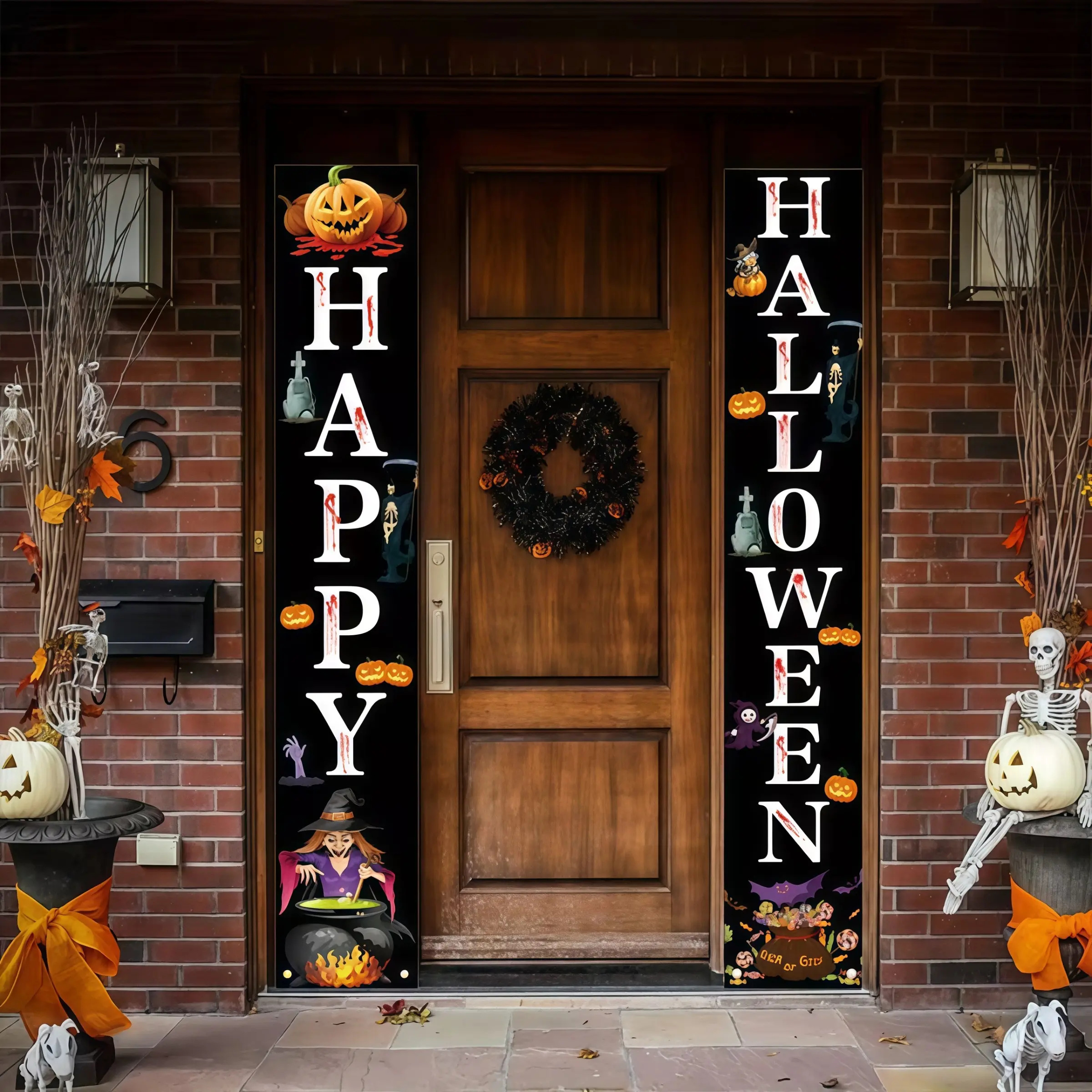 2pcs Halloween door curtain and couplet set, witch pumpkin vertical door, spooky Halloween outdoor porch decoration, Outdoor Party Decoration, comes with hanging rope, ready to hang right out of the box, simple installation without tools.