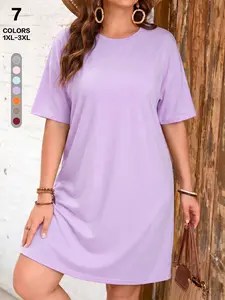 2026 French Lazy Basic Plus Size T-Shirt Dress, Summer Loose Hide Belly Mini Sundress, Figure-Flattering Casual Shift Dress