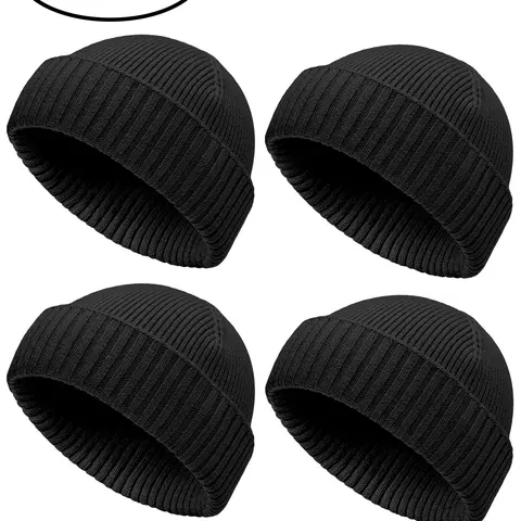 4PCS Unisex Fashion Solid Color Knit Beanie Hat, Vintage Style Fisherman Cap for Men, Comfortable Warm Winter Skiing Hat, Fitted Hat Beanie, Beanies Hats