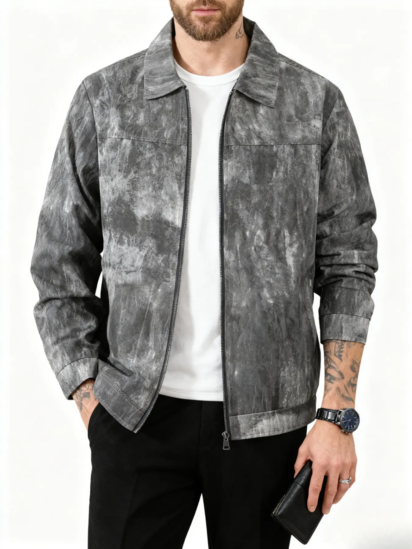 Men's Spring Fall Lightweight Casual Jacket, Zip Closure, Tie Dye Design, 100% Polyester, Perfect for Daily Wear
