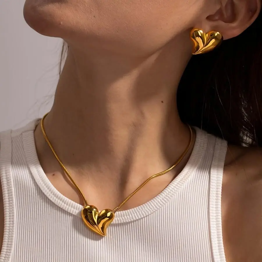 Heart Jewelry Set for Women, 2-Piece Gold Aesthetic Necklace and Studs, Gold Plated Stainless Steel, Waterproof & Hypoallergenic, Heart Shaped Design Necklaces, Heart Shaped Earrings, Cadmium-Free