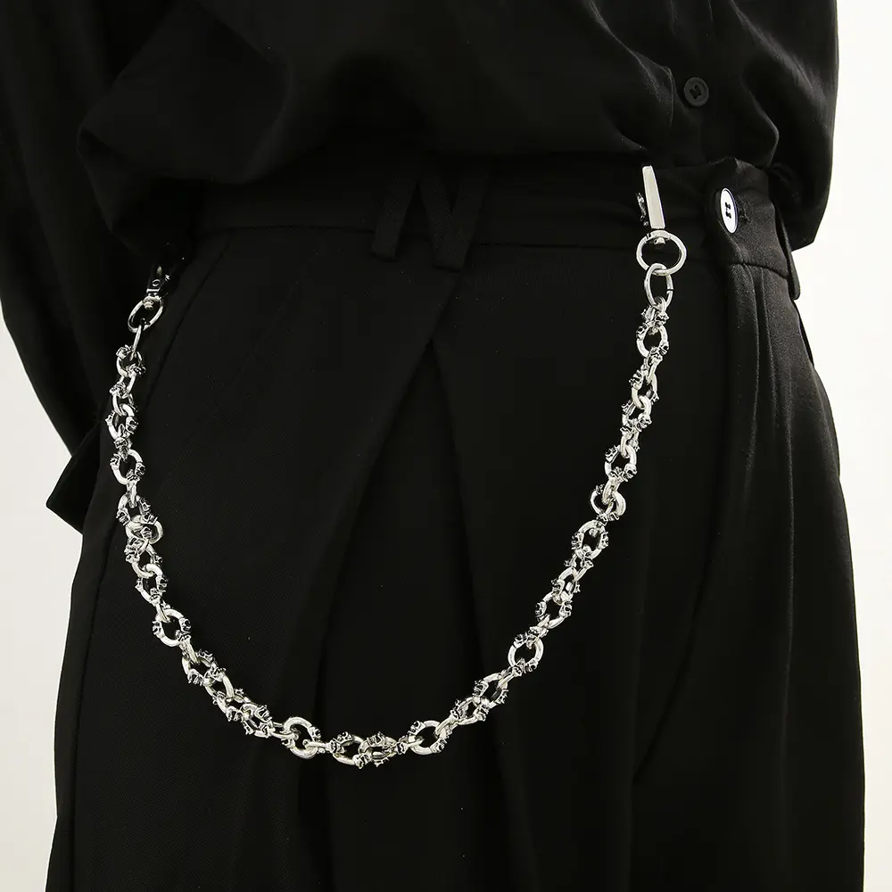 Punk Rock Skull Pendant Pants Chain, Unisex Silver Hip Hop Wallet Keychain, Funky Male Streetwear Accessory for Jeans
