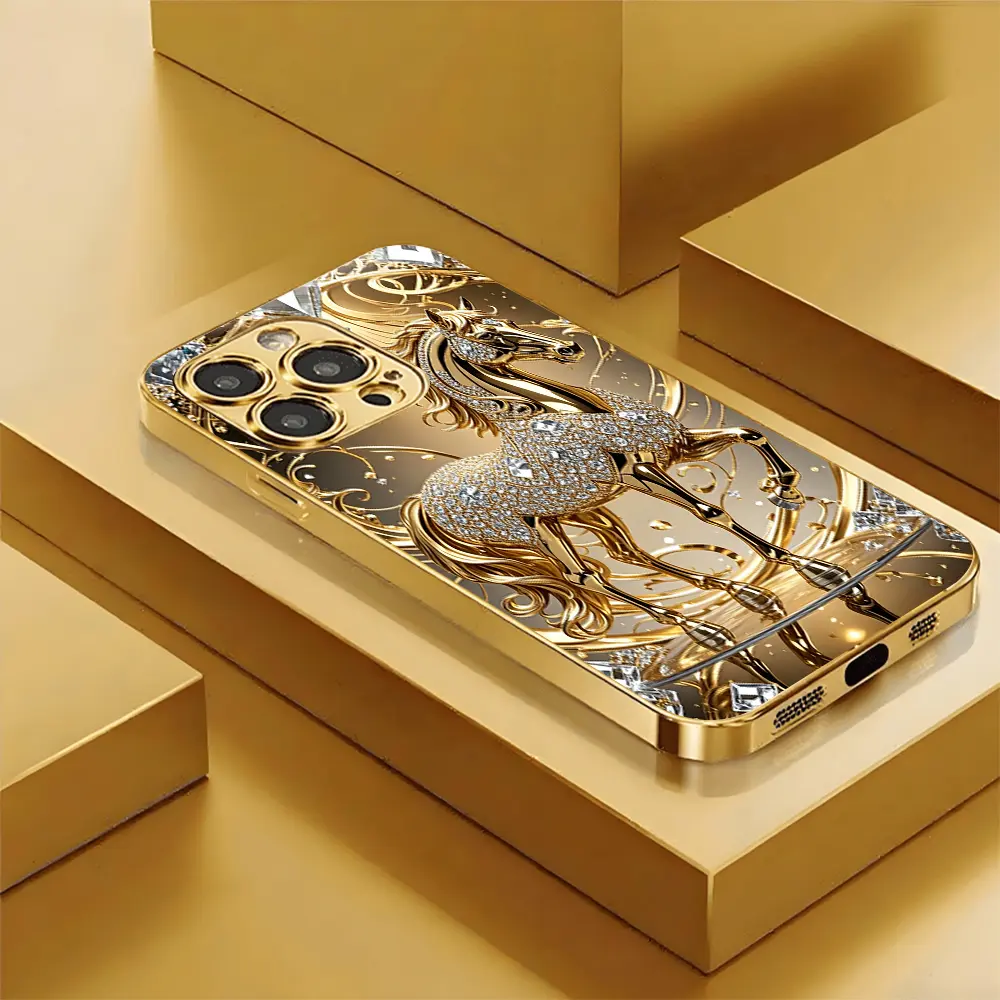 Diamond Inlaid Golden Horse 2D Printed Pattern Phone Case,High Definition Glass Design Phone Protection Case, Suitable for iPhone 17 Pro Max 16 15 14 13 12 11 Samsung Galaxy S25 Ultra S24 S23 S22 S21 S20 A Series All Inclusive Phone Case-ZQ180
