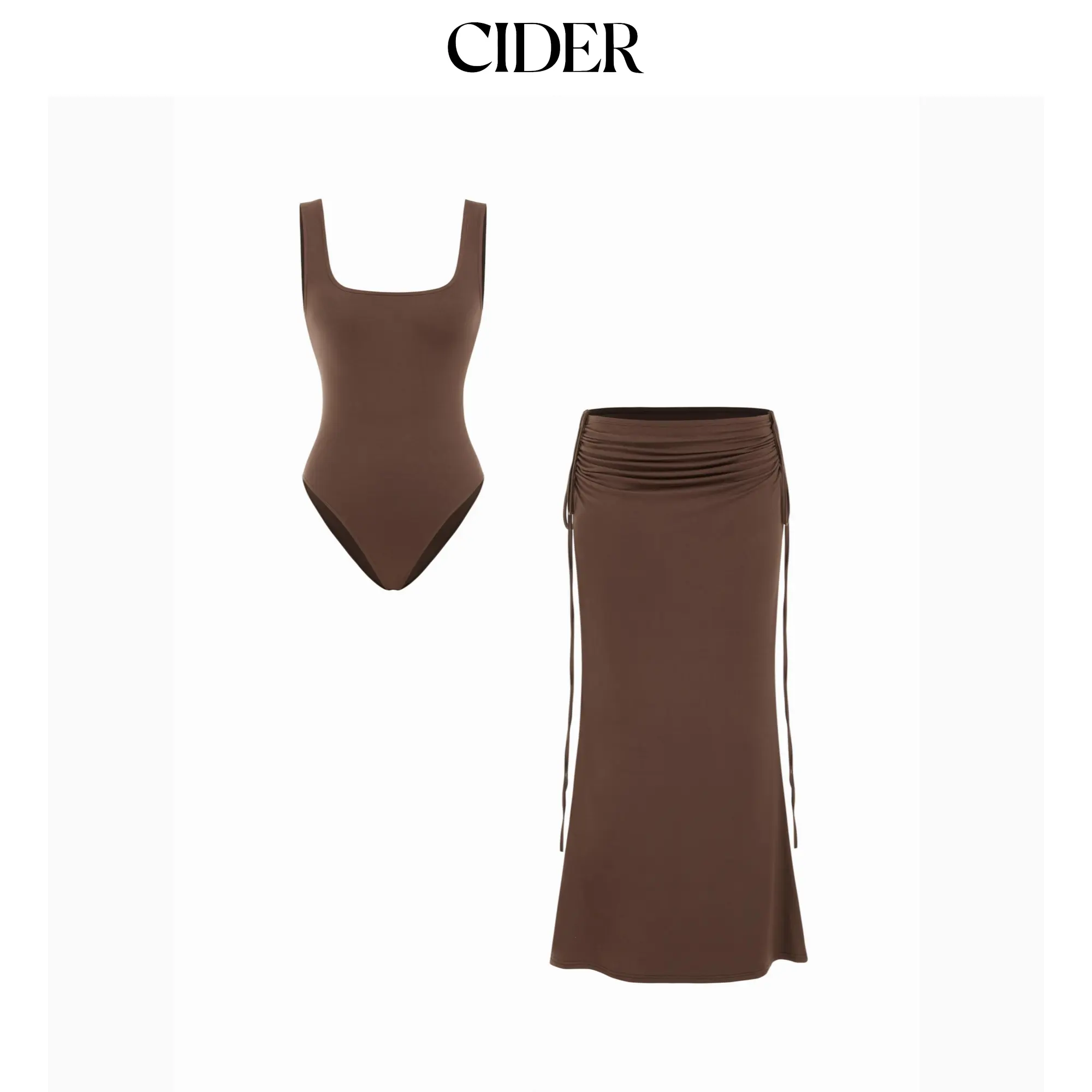 Cider Ruched Square Neck Bodysuit & Mid Rise Mermaid Maxi Skirt Set