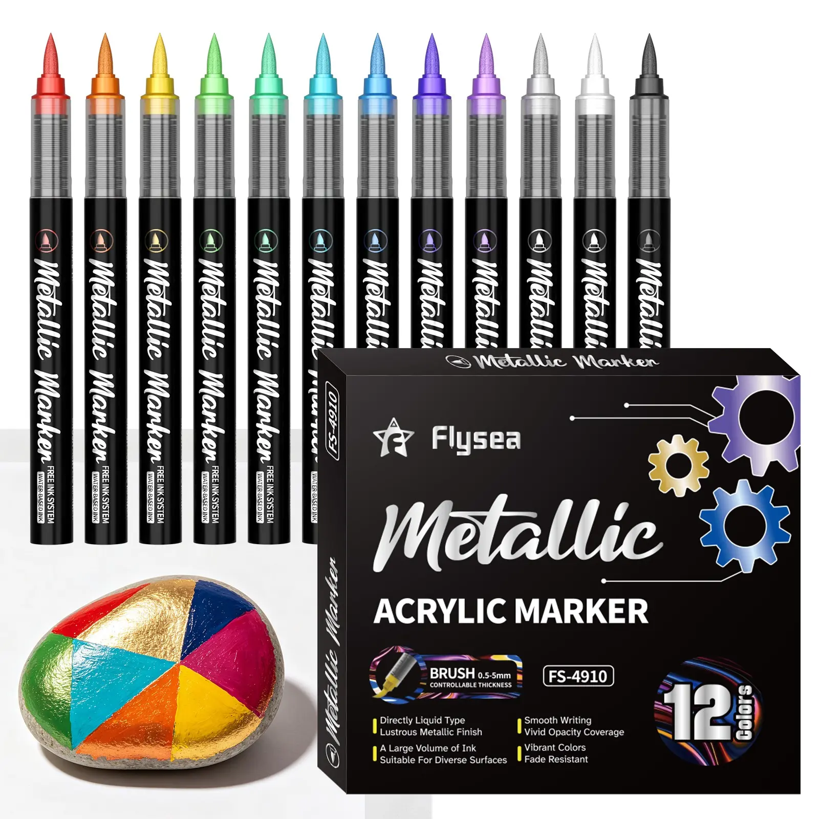 Flysea Metallic Acrylic Paint Markers, 12/24/36/48 Colors, Soft Brush, Glitter Paint Pens for DIY Arts and Crafts, Rock Painting, Glass, Wood, Ceramic