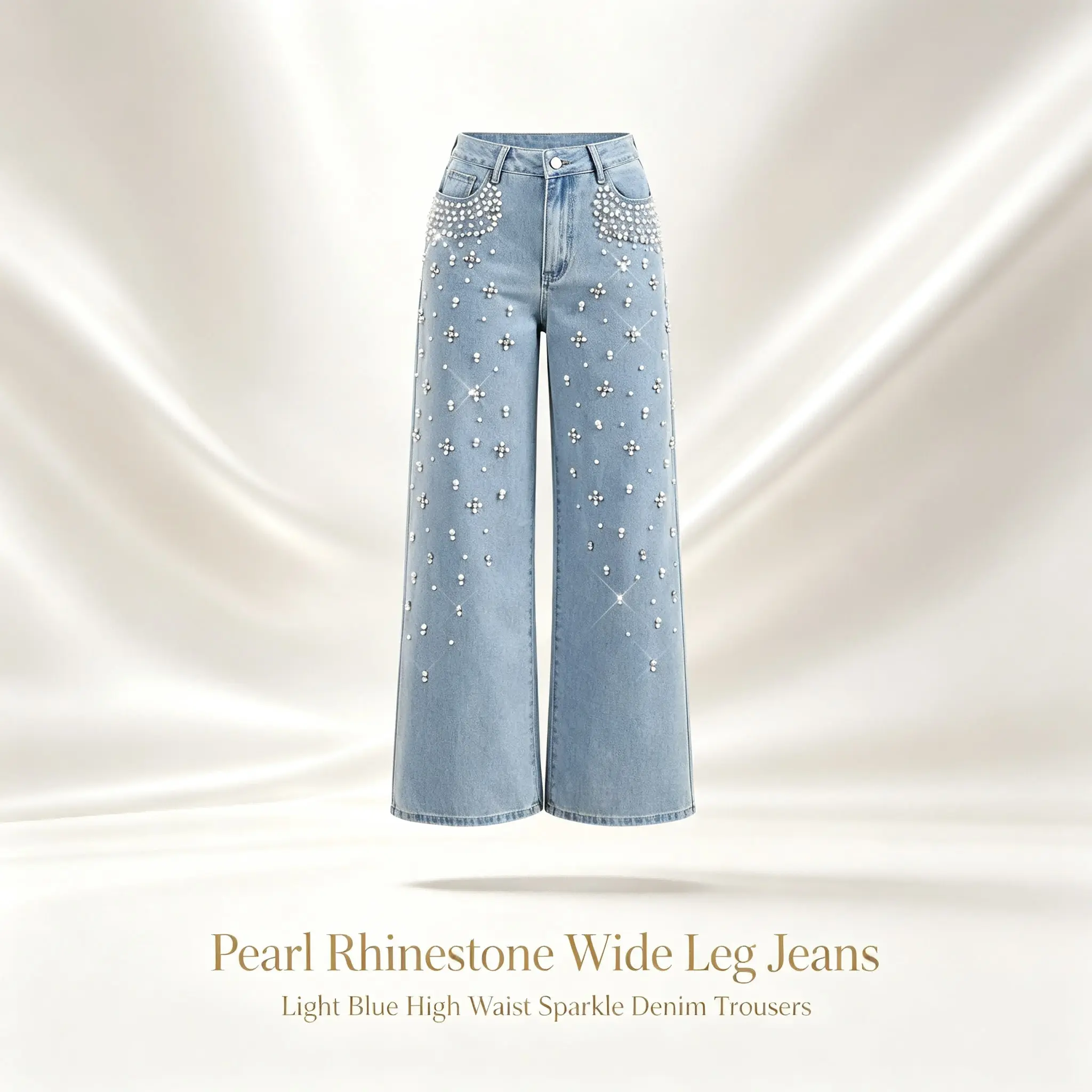Women's Vintage Casual Jeans with Pearl Beads, High Waist Baggy Wide-Leg Denim Pants with Button Front