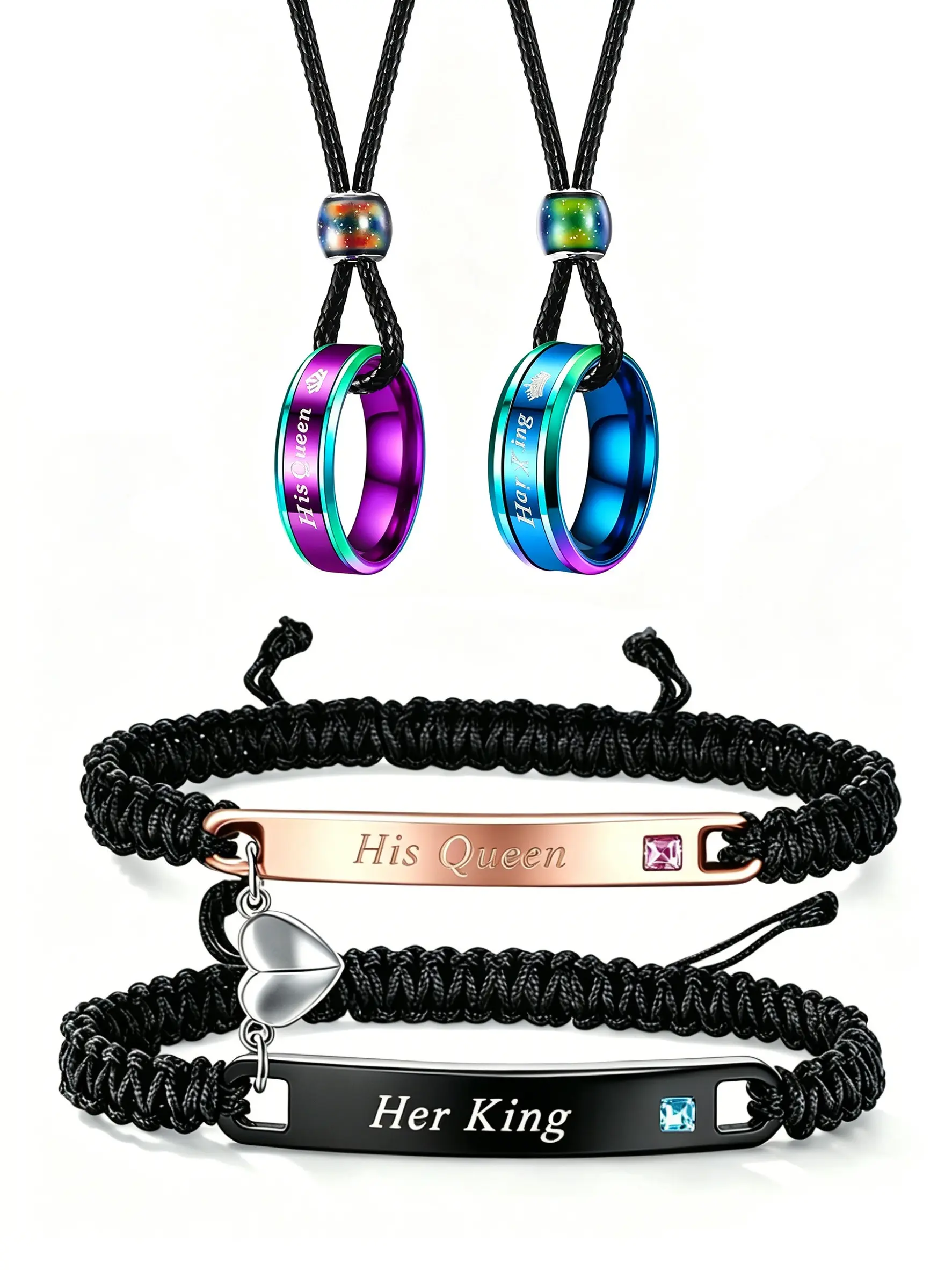 His Queen & Her King Matching Couple Jewelry Set, Adjustable Fit, Magnetic Heart Braided Bracelets + Gradient Ring Necklaces.Perfect romantic gift for anniversary, Valentine’s Day, dating, trendy couple matching ornament popular among European lovers.