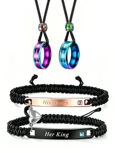 His Queen & Her King Matching Couple Jewelry Set, Magnetic Heart Braided Bracelets + Gradient Ring Necklaces.Perfect romantic gift for anniversary, Valentine’s Day, dating, trendy couple matching ornament popular among European lovers.