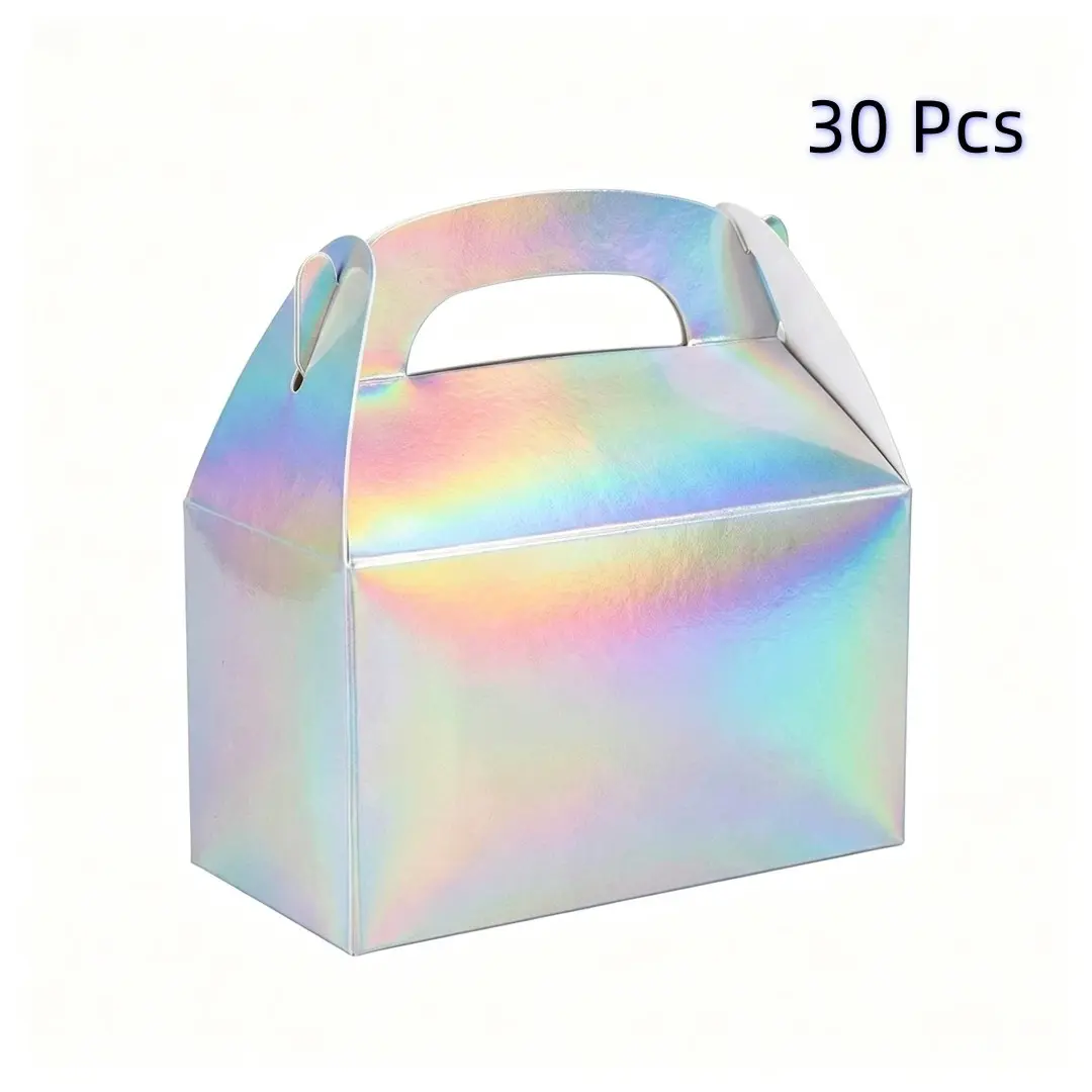 30 Rainbow Party Gift Boxes, Holographic Gable Candy Boxes, Shiny Gift Bags, Perfect for Birthday, Wedding, Christmas, Snacks, Cookies