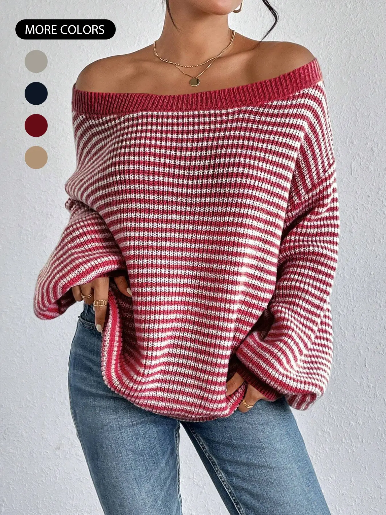 Women’s Off Shoulder Knit Sweater, Striped Long Sleeve Pullover Top with Relaxed Fit, Soft Casual Layering Sweater for Fall Winter Everyday Style Autumn Winter Pullover