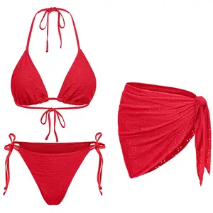 Daci Light Blue Women Three Piece Bikini Sets - Sexy String Triangle Swimsuits Halter Bathing Suits with Cover Up