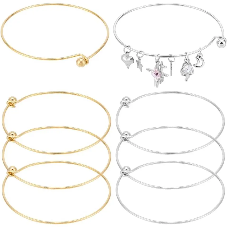 6 count 2 Colors Expandable Blank Bangle Bracelet Stainless Steel Adjustable Wire Bracelets Metal Wire Blank Bangles for DIY Bracelets  Making Holiday Day Gifts