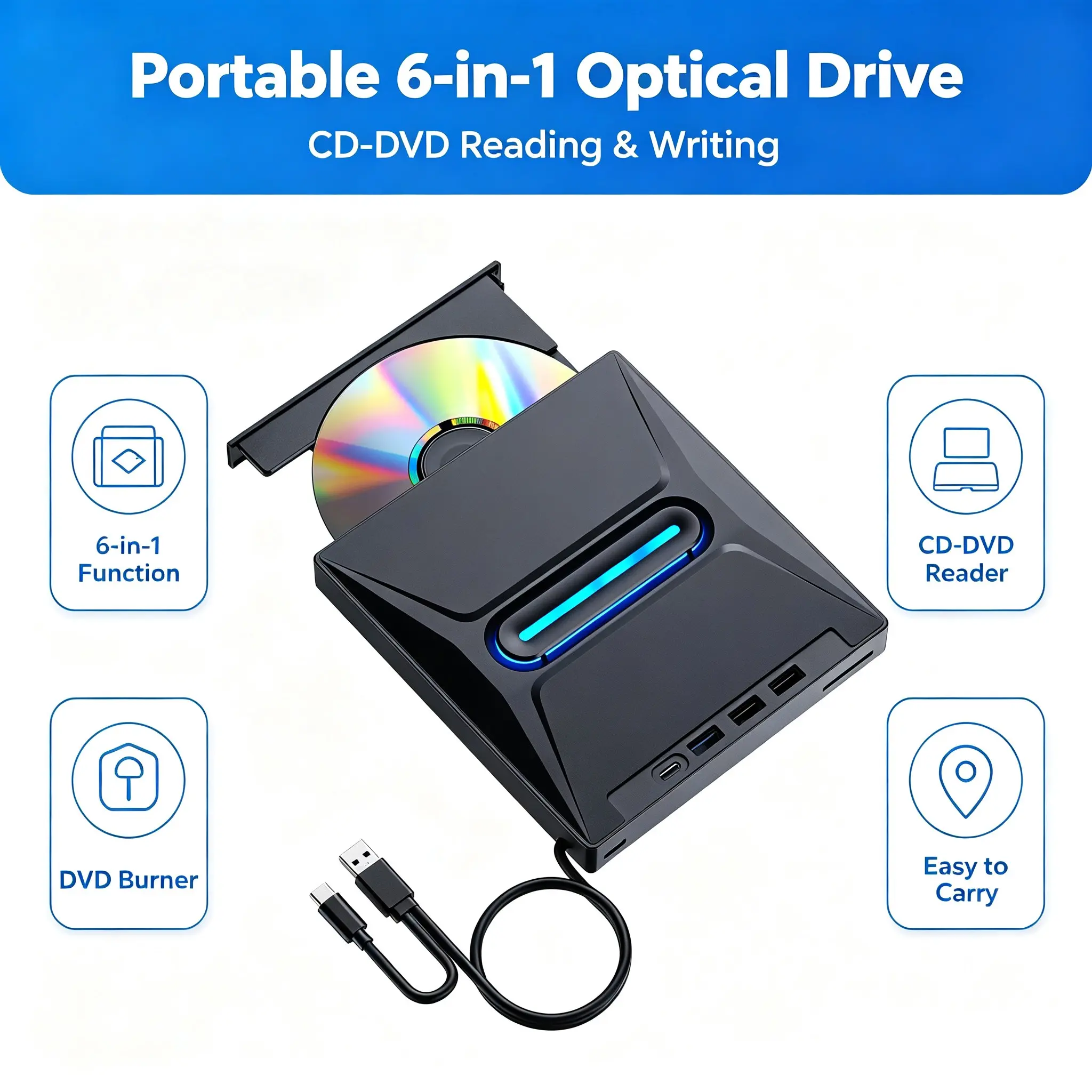 Portable 6 in 1 External USB 3.0 CD DVD RW Drive, Slim Optical Disc Burner Writer with USB Hub SD/TF Card Reader, Plug and Play Compatible with Mac Windows Laptop Desktop