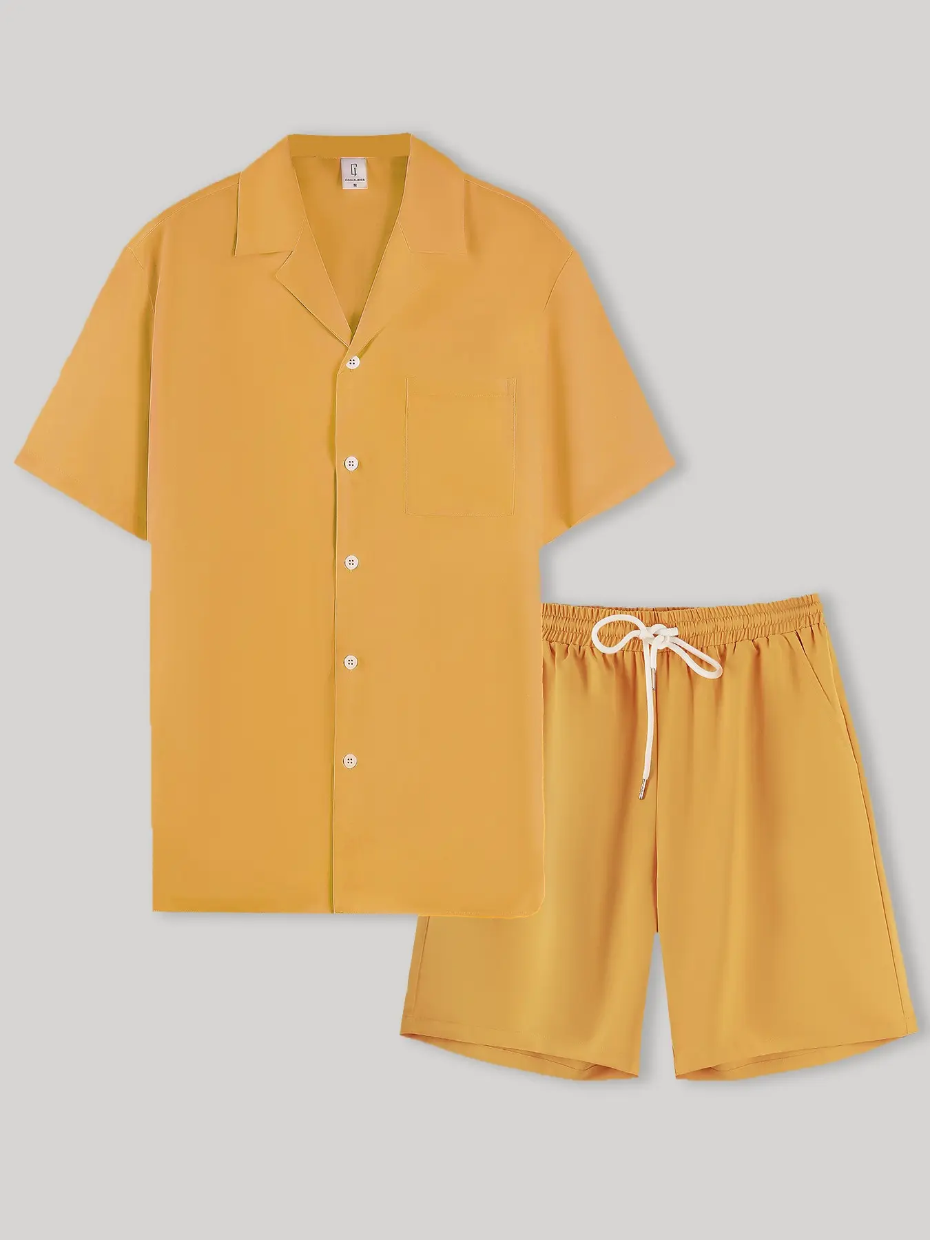 Men's 2 Piece Outfit Camp Collar Short Sleeve Button Down Shirt & Shorts Set with Chest Pocket Summer Casual Beach Vacation Mustard Yellow Breathable Elastic Waist Drawstring Loose Fit Daily Wear Streetwear