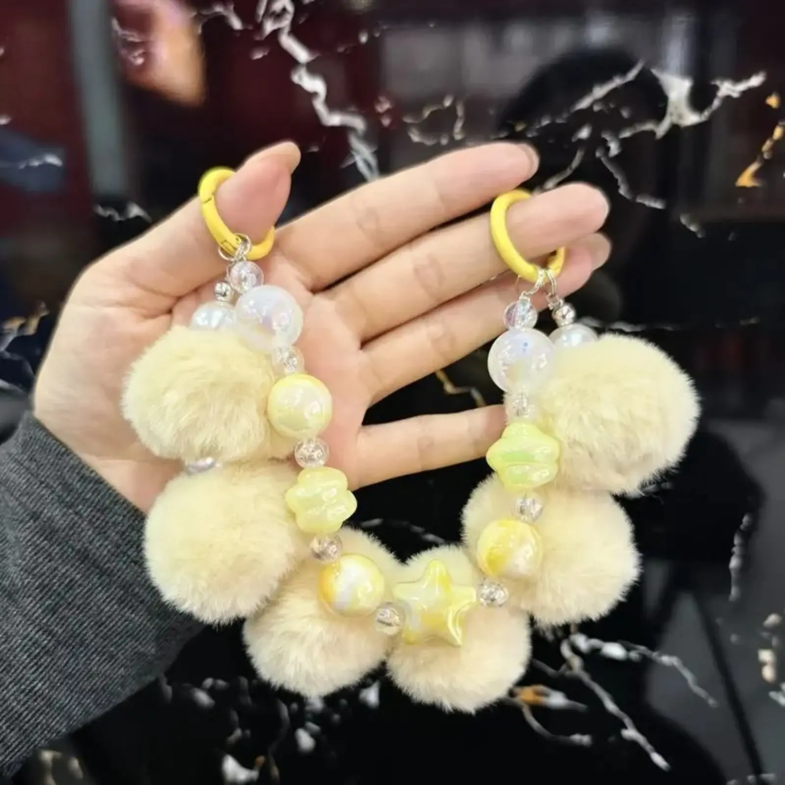 Cute Fluffy Pom Pom Double Strand Acrylic Beaded Phone Lanyard, Multi-Purpose Decor Bag Charm Accessory for Smartphones & Keys, Portable Stylish Strap for Sports, Camping, Hiking and Outdoor Picnic Trips