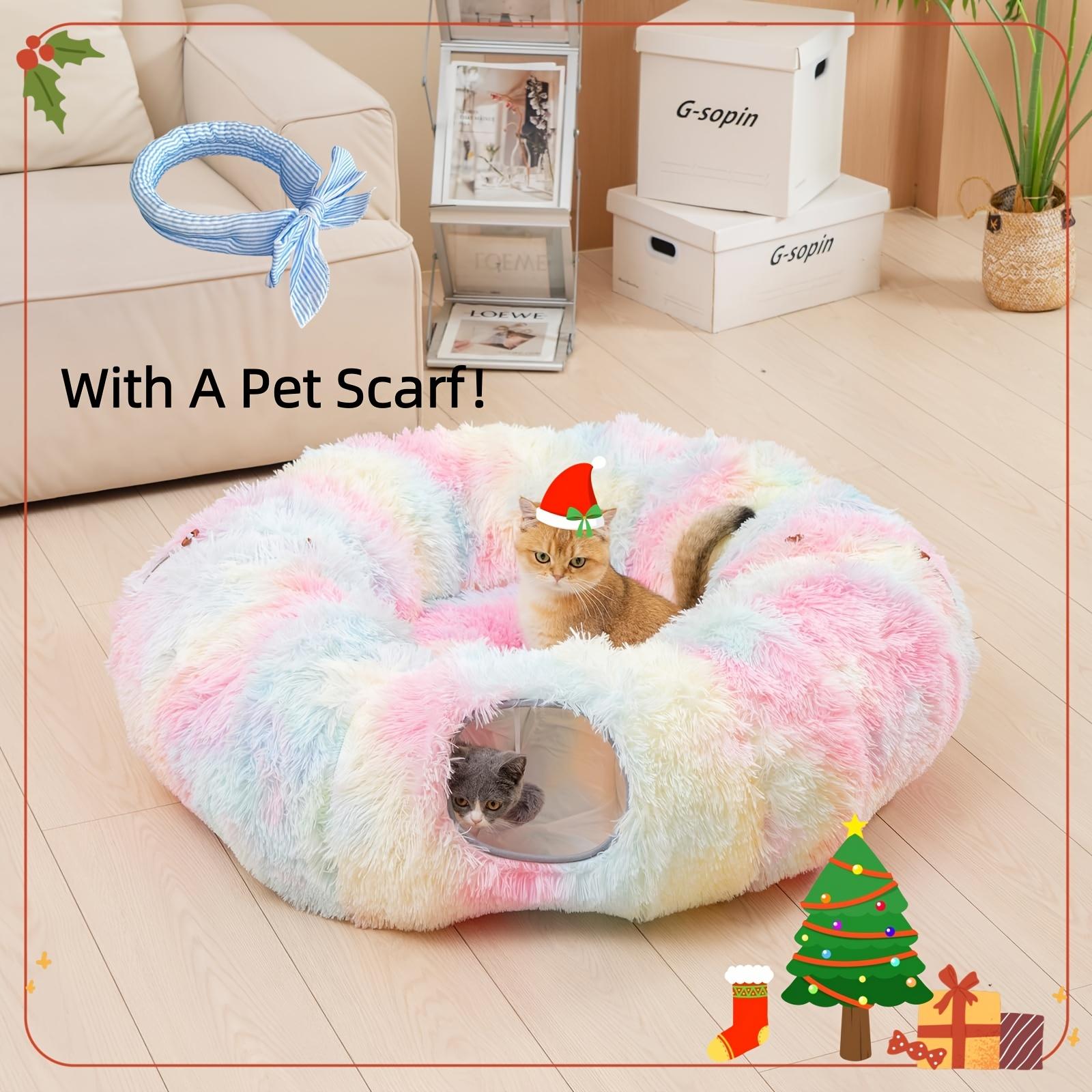 Christmas Gift Cat Tunnel with Cat Bed, Suitable for Indoor Cats, Soft Plush Peeping Cat Hole, Donut Tunnel, Multi-functional Cat Amusement Park Toy Hiding Place, Suitable for Small, Medium And Large Cats, Kittens, Rabbits, with A Pet Scarf