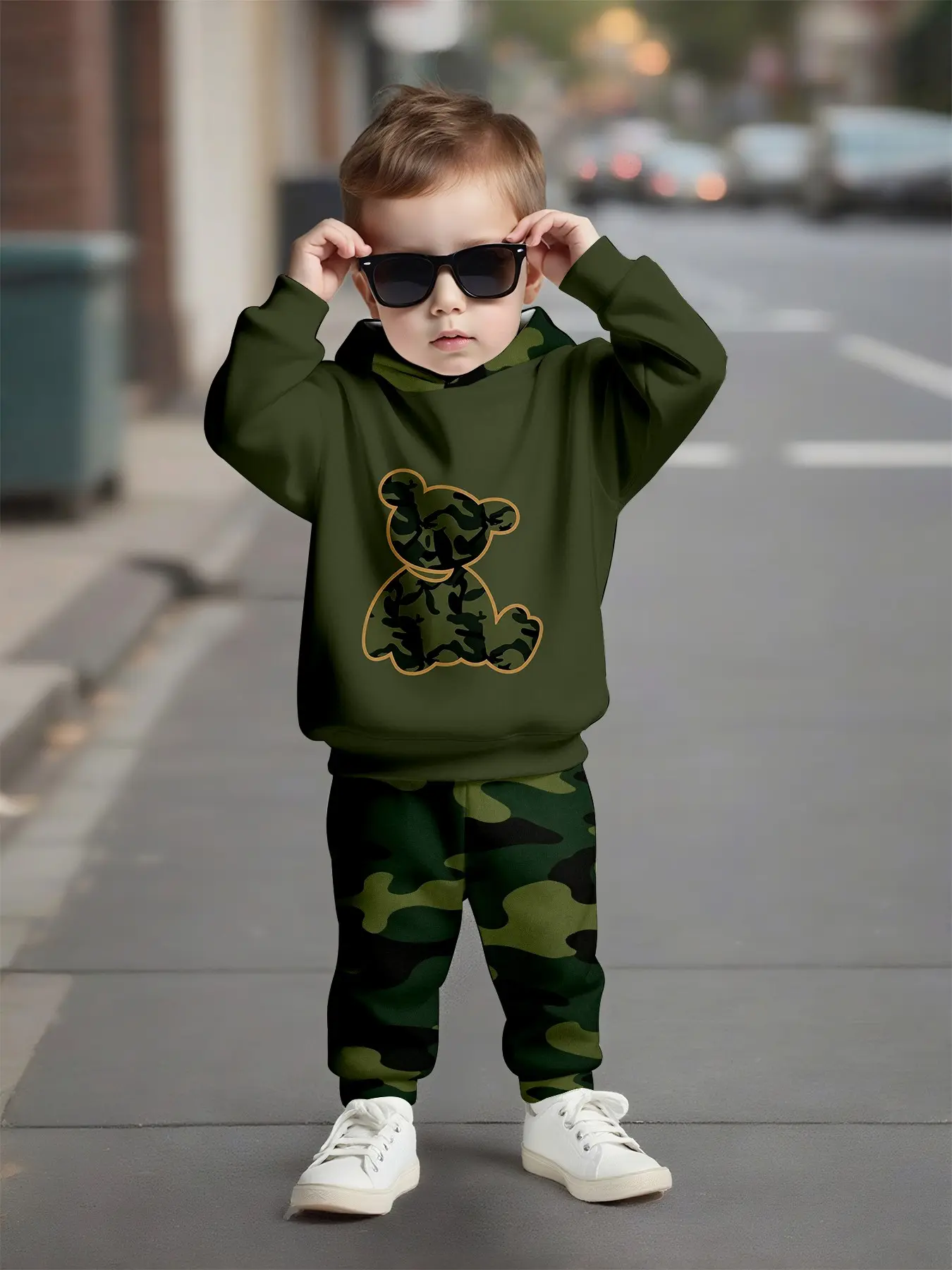 Boys' Camouflage Long Pants Set, All over Print, Loose-Fitting, Casual Style, Fall & Winter, Natural Waist, H-Type Silhouette