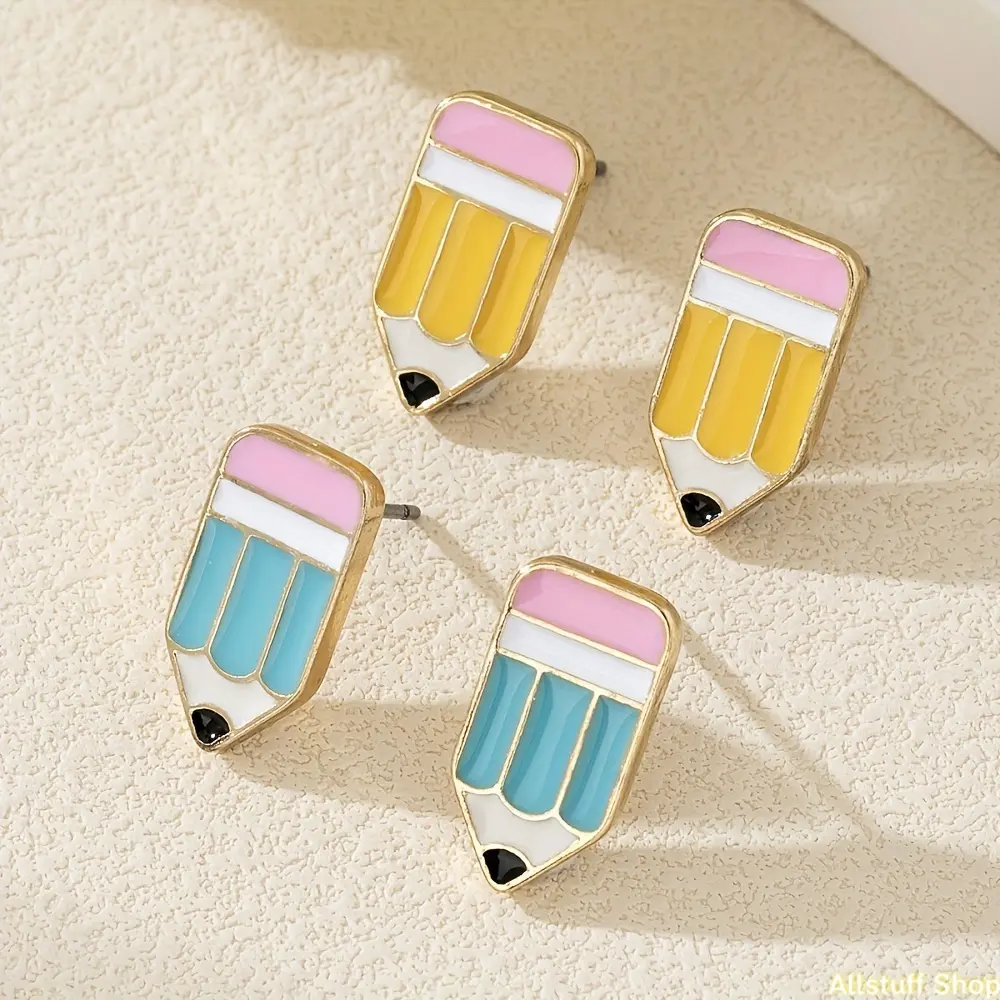 Women's Glazed Finish Alloy Pencil-Shaped Earrings, Small Elongated Colored Novelty Jewelry for Daily-Party Wear, Sports Fan Birthday Gift