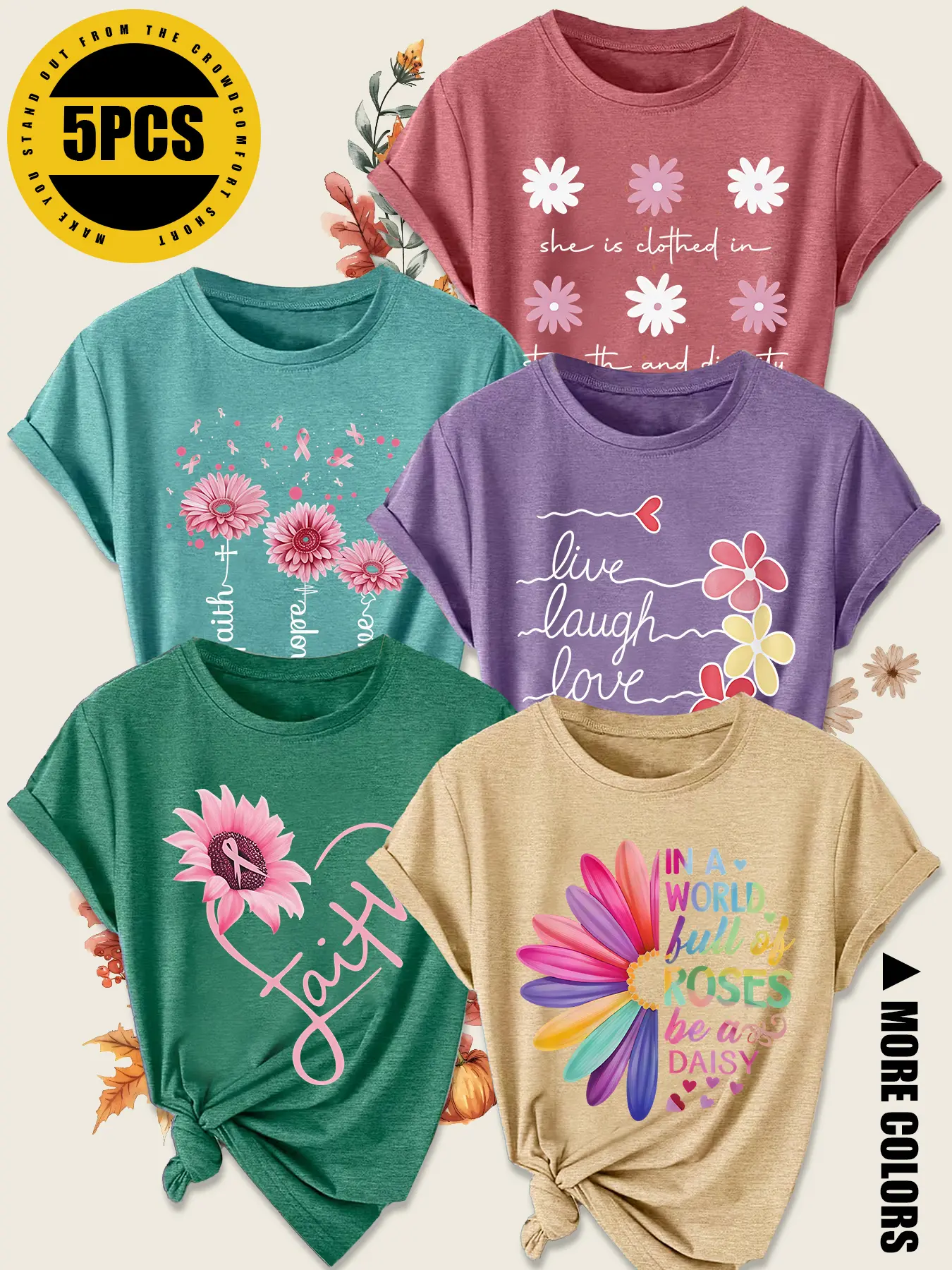 5Pcs Women Crew Neck T-shirt, Leopard ECG Spliced Heart Retro Sweet Cool Casual Print, Multi-color Soft Fashion Ladies Tee