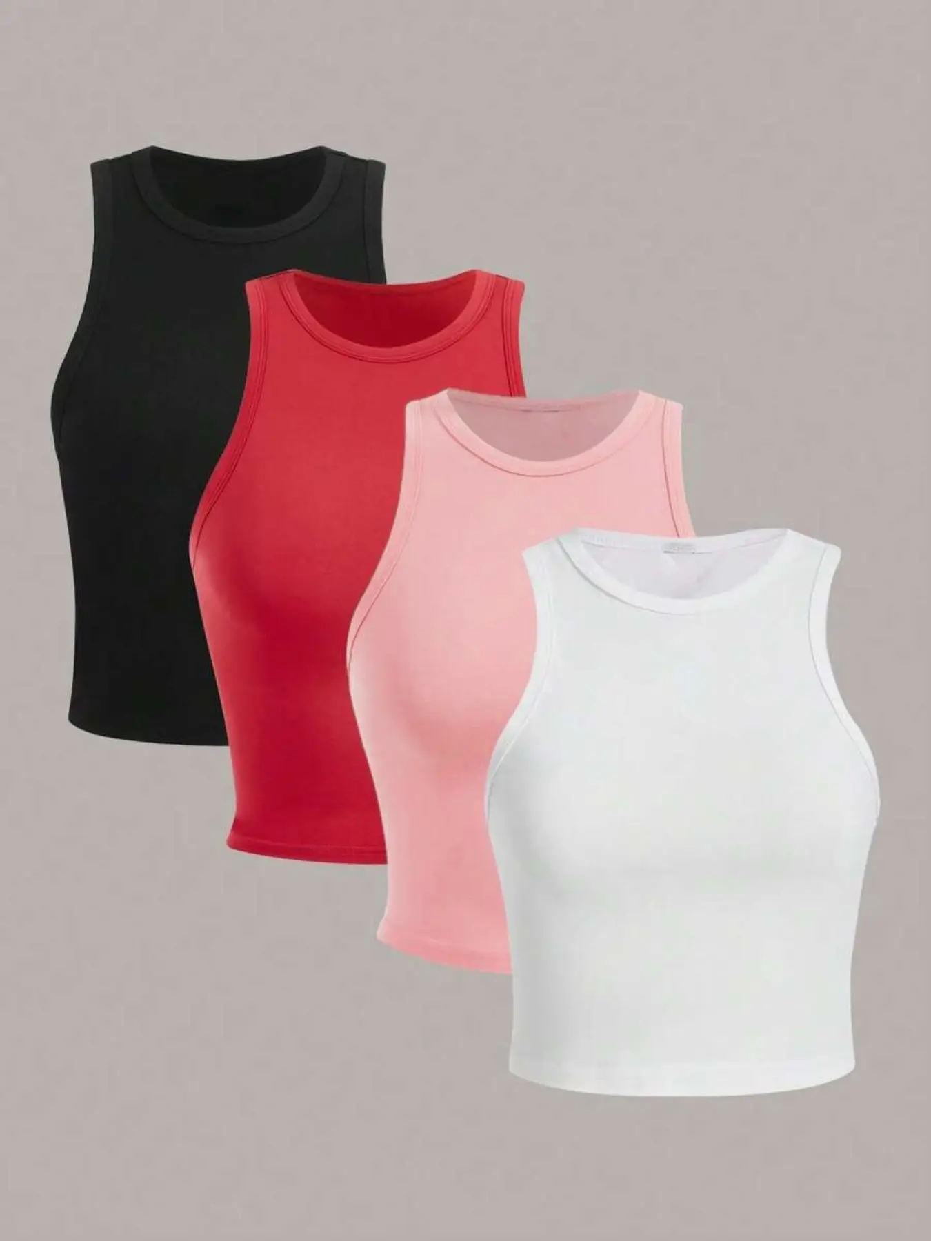 4-Pack Sleeveless Round Neck Short Tank Tops, Casual Sleeveless Knit, Casual Fitted Sleeveless, Plain Basic Slim Fit Summer Wear, Y2K Layering Innerwear, Casual Short Clothing, Sleeveless Knitted