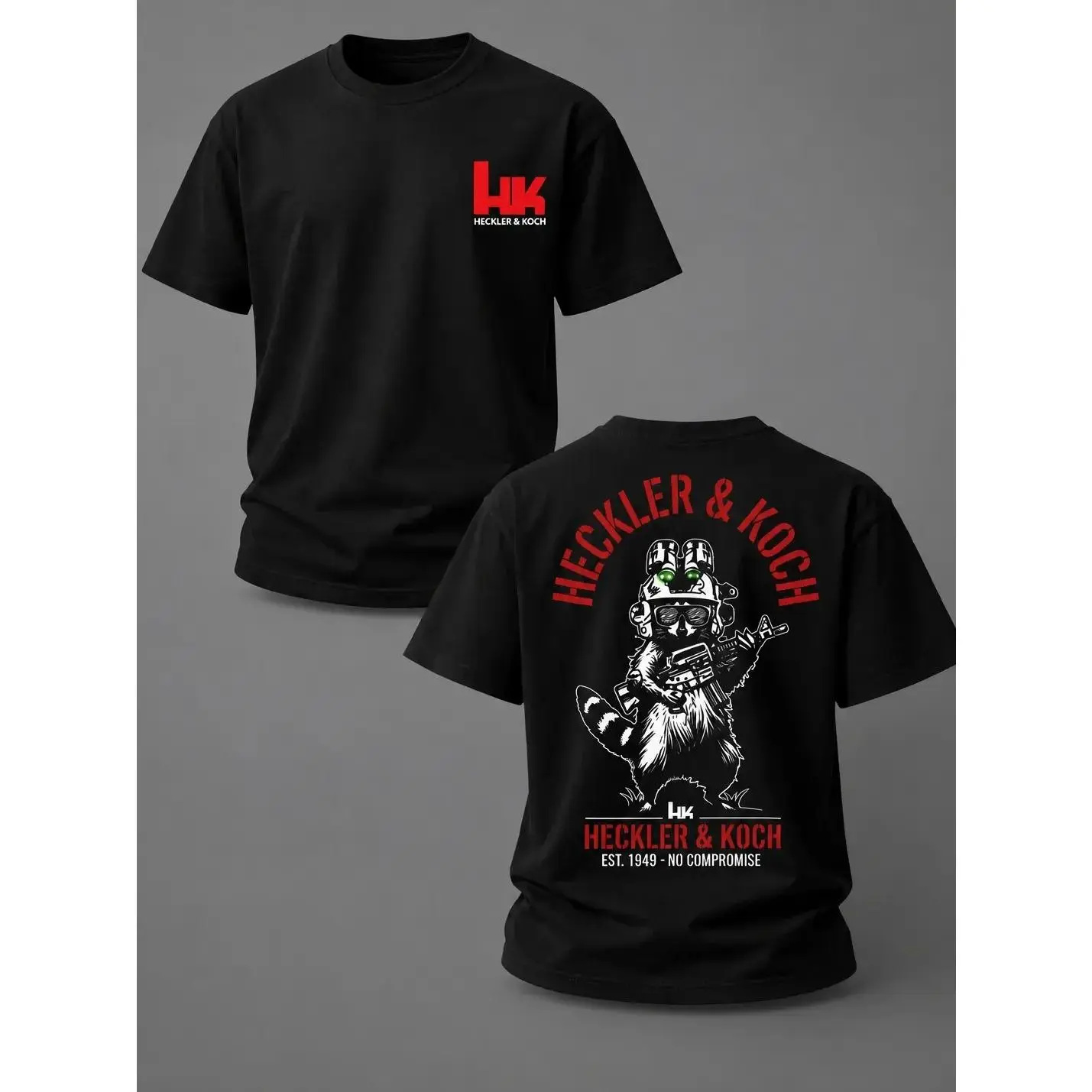 HK Heckler & Koch Tactical Raccoon T-Shirt Military Operator Graphic Tee Funny Tactical Apparel NVG Special Ops Style Shirt Range Day Streetwear Gift for Tactical Enthusiasts