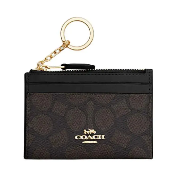 COACH Skinny ID Card Case for Women – Walnut and Black Leather-Plastic Hybrid with Metal Zip Closure