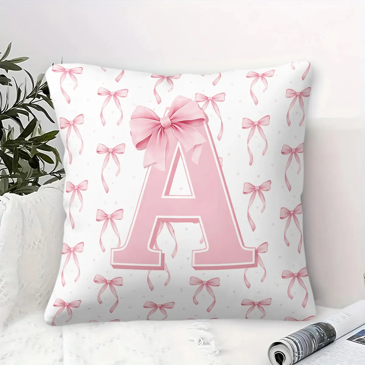 Pink Bow Letter A-Z Throw Pillow, Pink Coquette Room Decor Includes Pillow Core, Cute Aesthetic Accent Pillow for Aesthetic Preppy Room Decoration Bedroom Sofa Decor, Home Decorative Cushion, Square Cushion