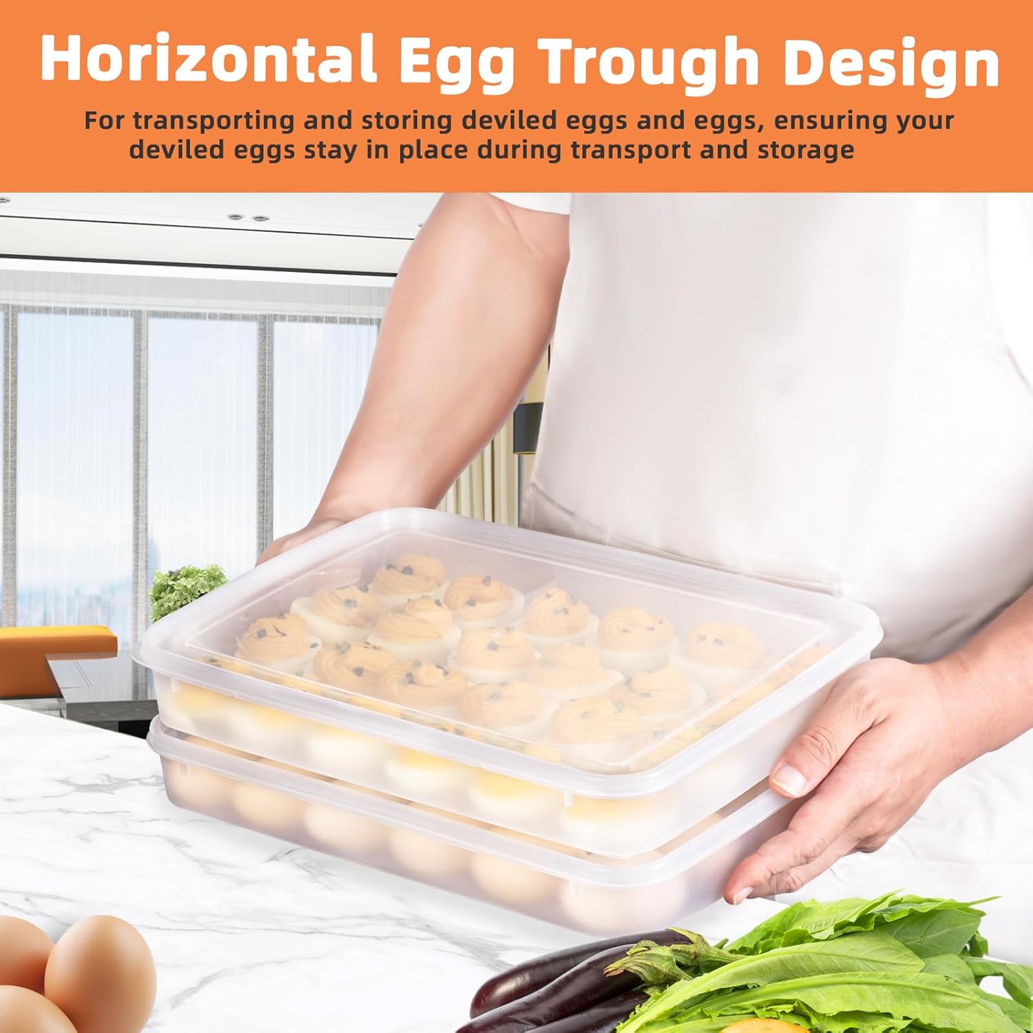 Deviled Egg Containers with Lid, (Set of 2), Stackable Deviled Egg Carrier for 48 Eggs, Clear Egg Holder for Fridge with Lid, Portable Plastic Deviled Egg Tray for Party, Easter Eggs Tray
