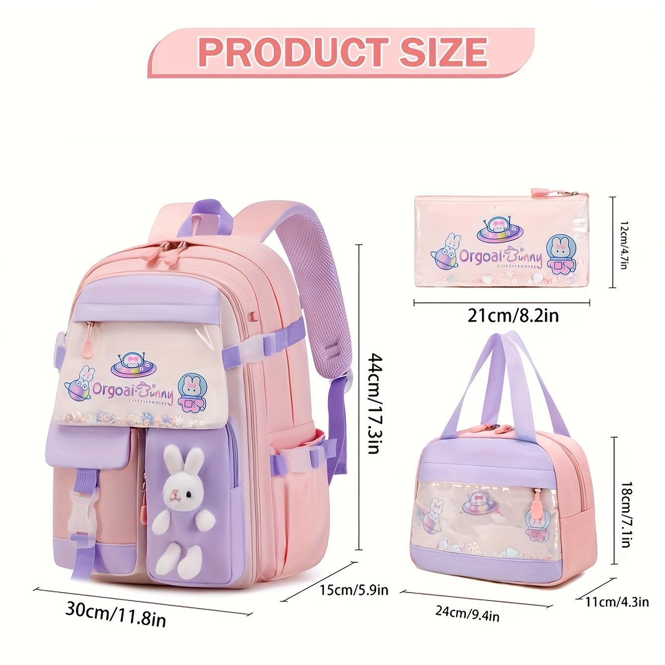 (New)Cute Rabbit Girls Backpack Three-Piece Set: Includes Handbag and Pencil Case, Lightweight Nylon Material, Adjustable Straps