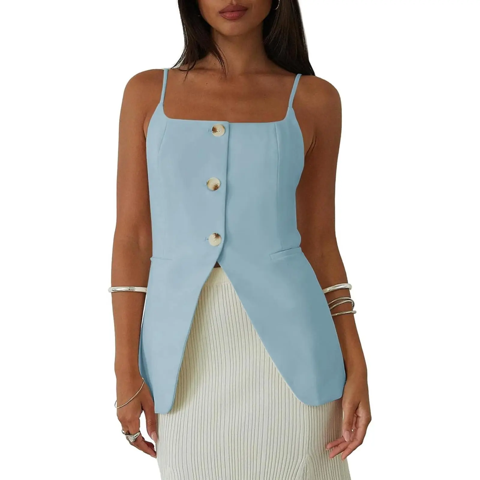 Yousify Womens Spaghetti Strap Tank Top Summer Blazer Vest Button Down Business Cami Square Neck Sexy Camisole Dressy Casual