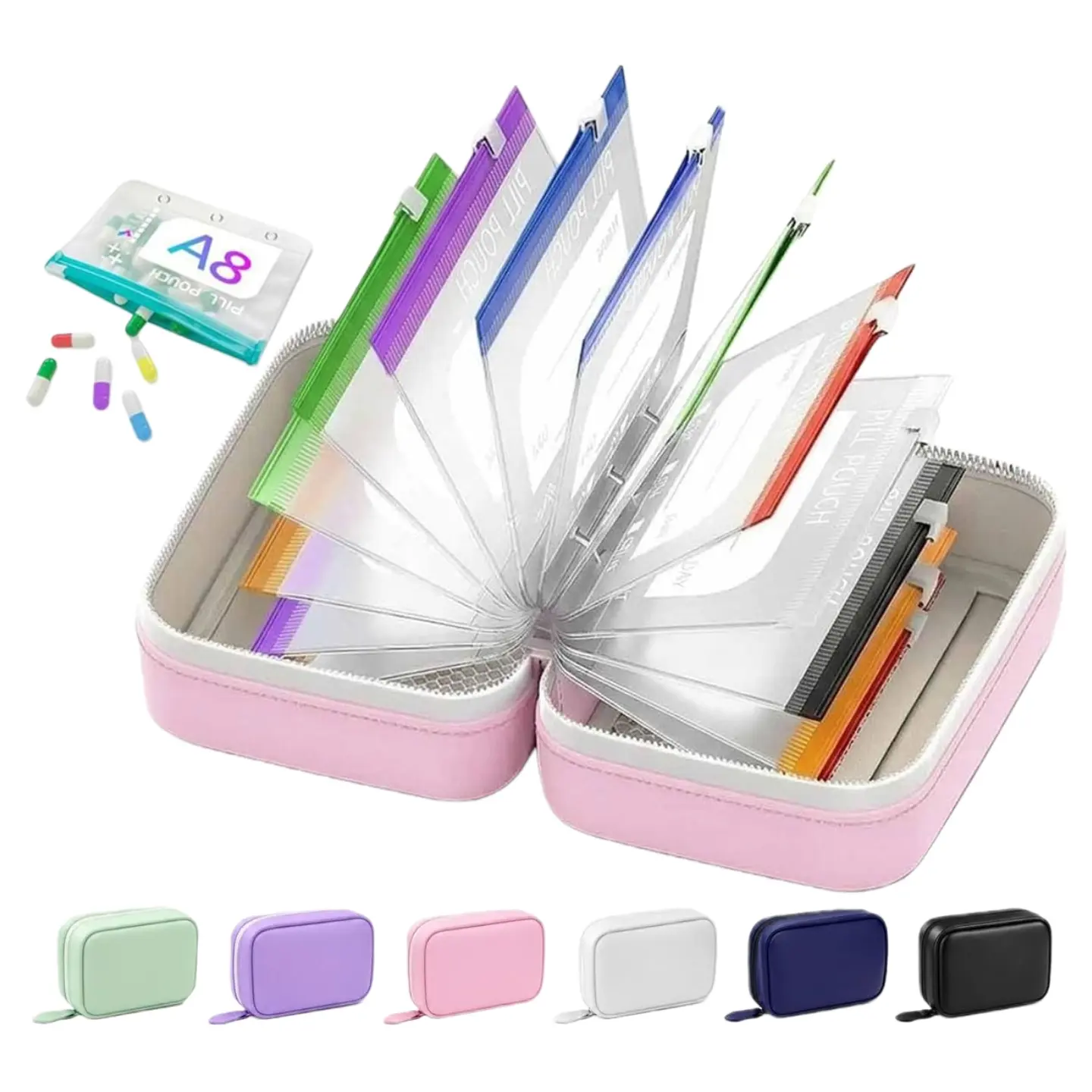 Waterproof Pill Organizer/Pouch Set, Travel Medicine Organizers with 14 Color-Coded Pouches, Leakproof Reusable Zippered Storage Case, Compact Daily Pills Holder