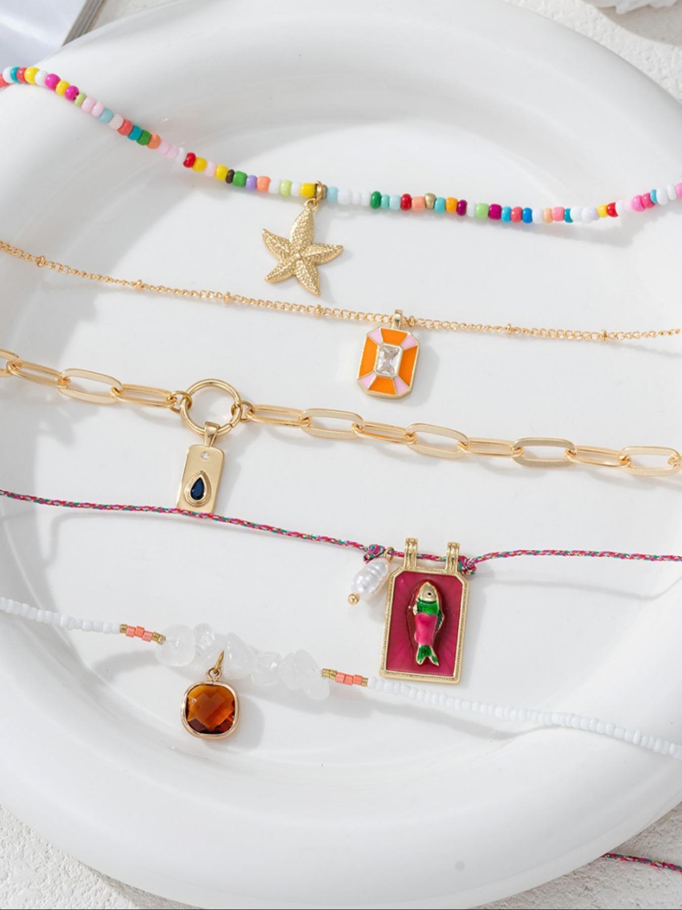 Cute Colorful Beaded Necklace, Fashionable Starfish & Fish Design Pendant Necklace for Women & Girls, Trendy All-match & Exquisite for Birthday Gift, Mothers Day Gift Ideas, Charm Necklaces