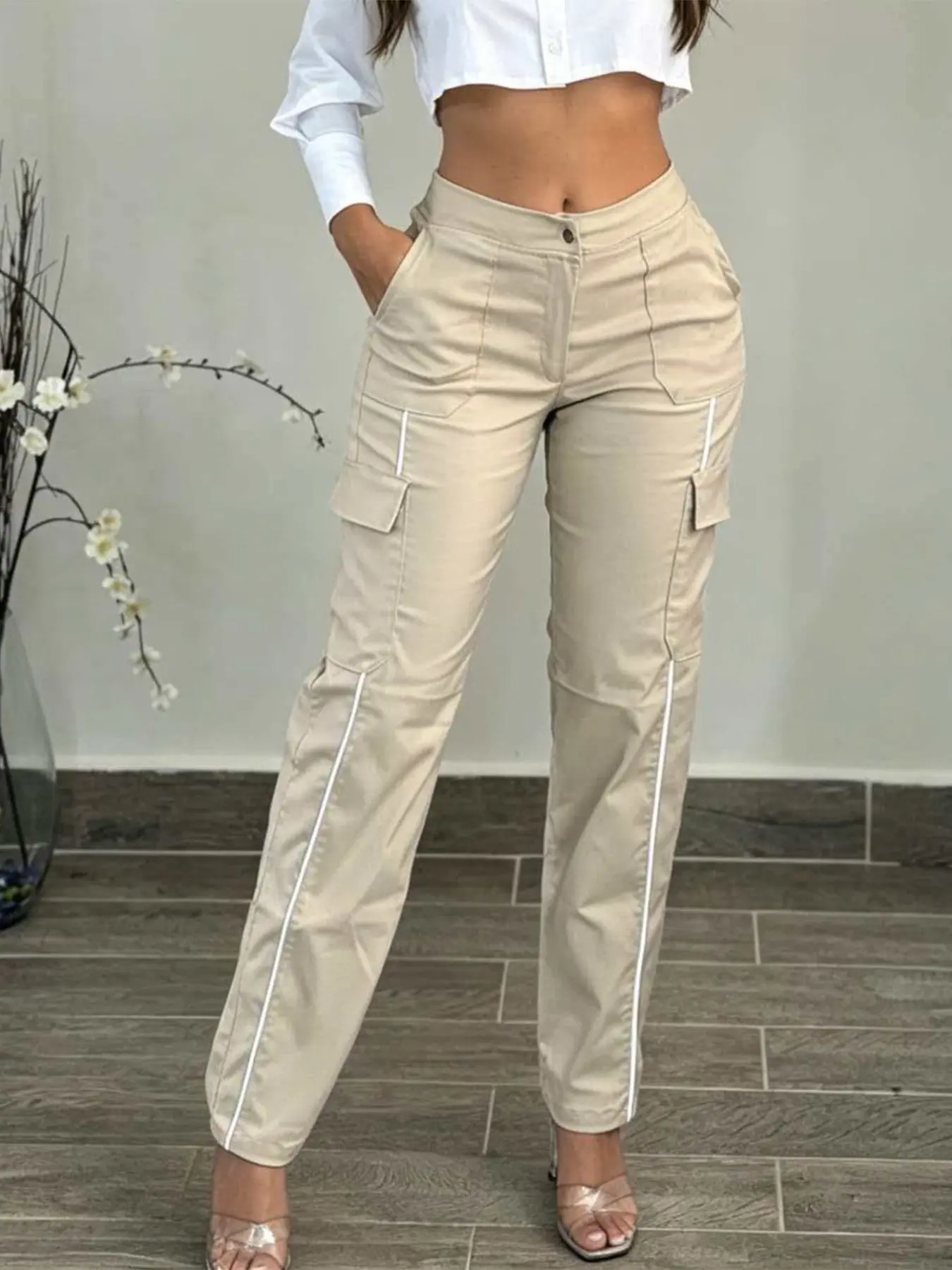 American High Street Multi-Pocket Work Pants for Women, Colorblock Line Straight Leg Long Pants, High Waist Slim Fit Casual Workwear