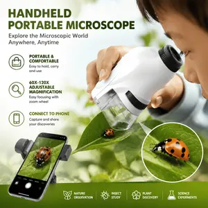 Portable Kids Handheld Microscope STEM Science Toy Set 60X-120X Magnification with LED Light Christmas Thanksgiving Gift for Students Outdoor Exploration Pocket Science Tool to Observe Insect Plant Cells Crystals Educational Experiment Fun Discovery