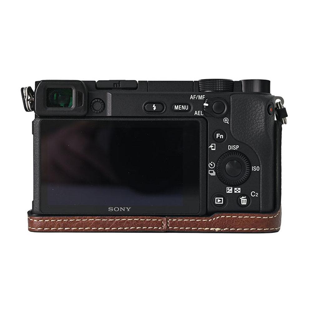 Litchi Pattern PU Leather Camera Half Case for Sony A6300 A6400 A6000 A6100 Bottom Opening Magnetic Cover With Strap