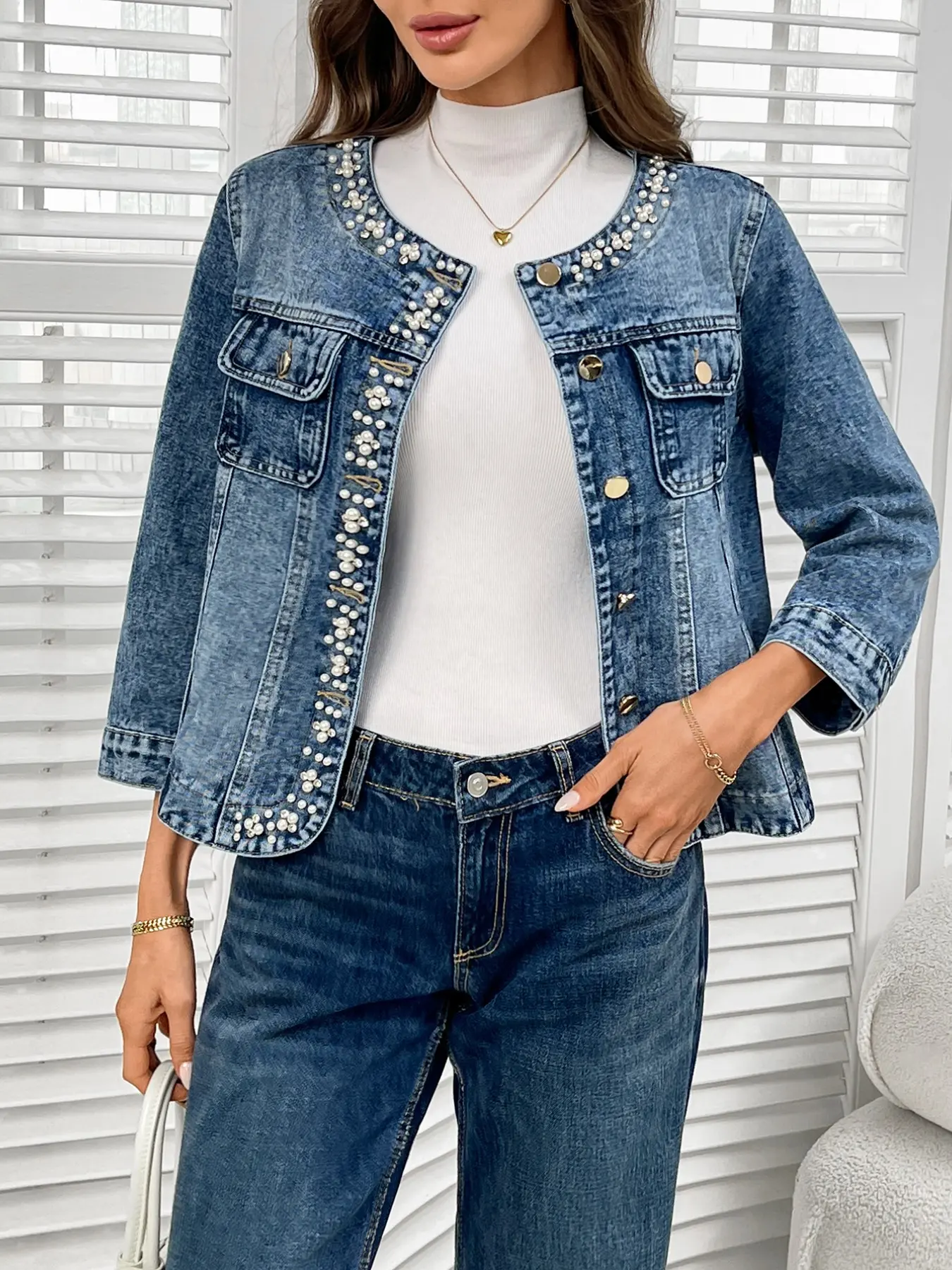 Plus Size Women's Round Neck Pearl Decor Short Denim Jacket, Long Sleeve Metal Button Washed Denim Coat, Elegant Casual Layering Top