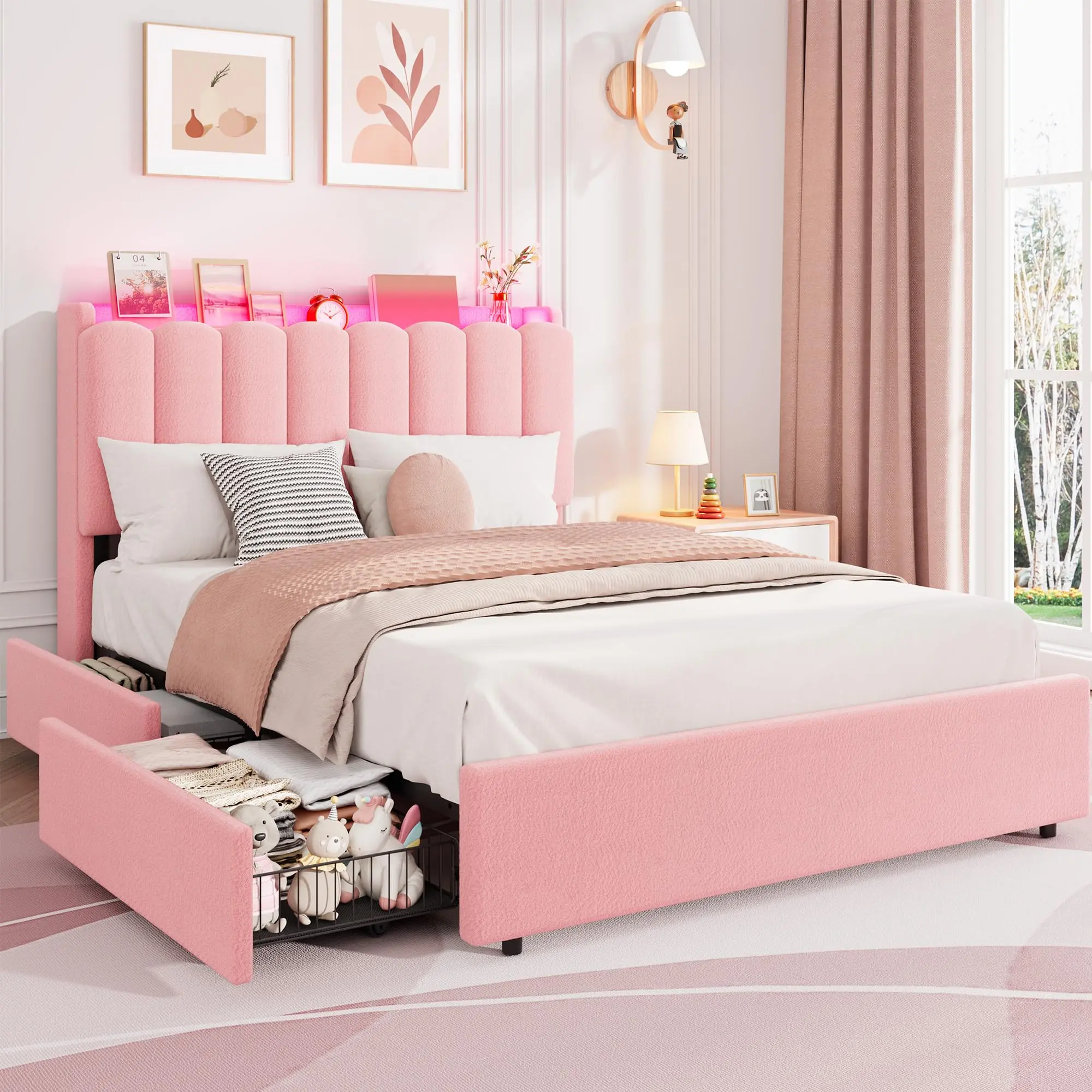 Garvee Full Size LED Bed Frame with Storage Headboard and 2 Drawers, Boucle Upholstered Platform Bed with Chic Wavy Headboard and Bookcase, No Box Spring Needed, Pink, Ideal for Girls