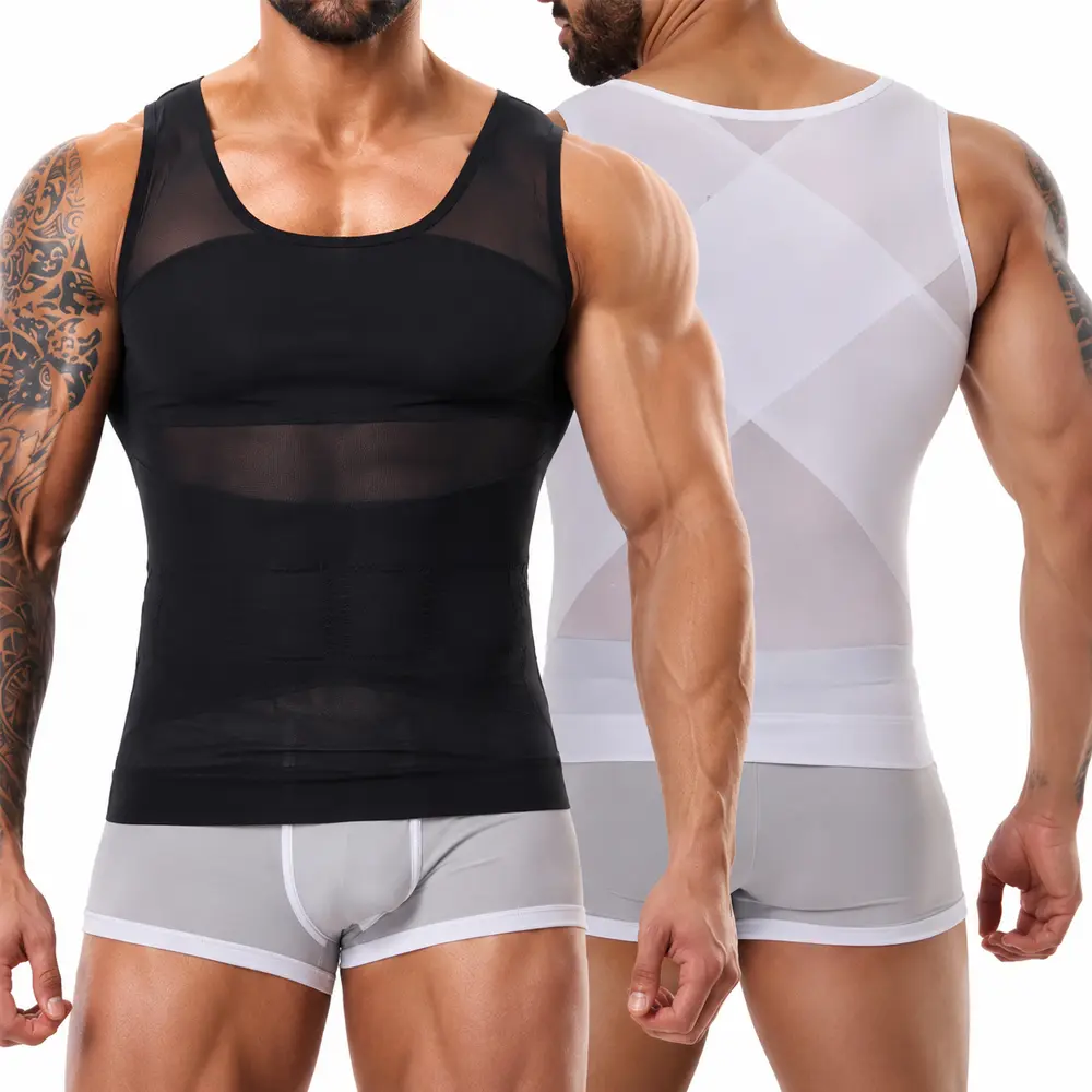 2 PACK Men Solid Compression Vest Shapewear,Men Mesh Sport Vest Body Shaper Tank Top,Men Shaping Shirts Mesh Sleeveless