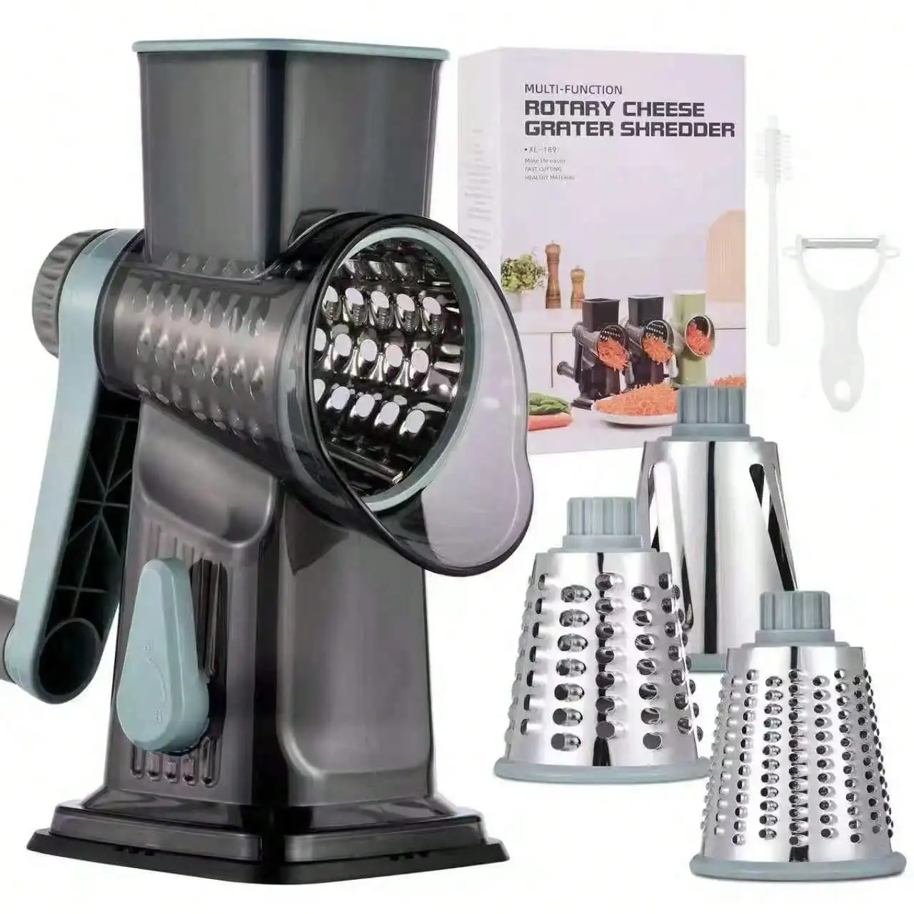 IPKKPI Rotary Cheese Grater with Handle, Kitchen Multi-Tool with 3 Interchangeable Blades for Cheese, Vegetables, Nuts (Grey-Blue)