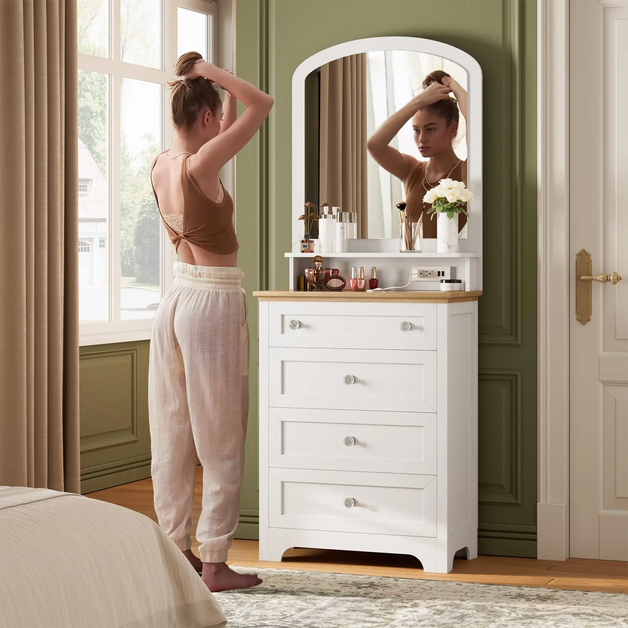 Compact White 4-Drawer Vanity Dresser with Mirror, Crystal Knobs, Charge Station, LED Strip - Modern Small-Space Indoor Cabinet for Bedroom, Living Room
