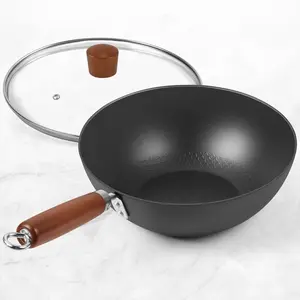 Carbon Steel Wok Pan 9.5" Authentic Chinese Stir-Fry Pans Set with Glass Lid 1.65lb Lightweight Flat Bottom Small Wok for 1-2 Servings