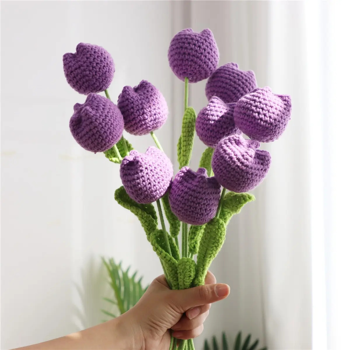 `10pcs Deep Purple Crochet Tulip Bouquet, Handmade Never-Wilt Yarn Tulips, Perfect for Gifting and Home Decor`